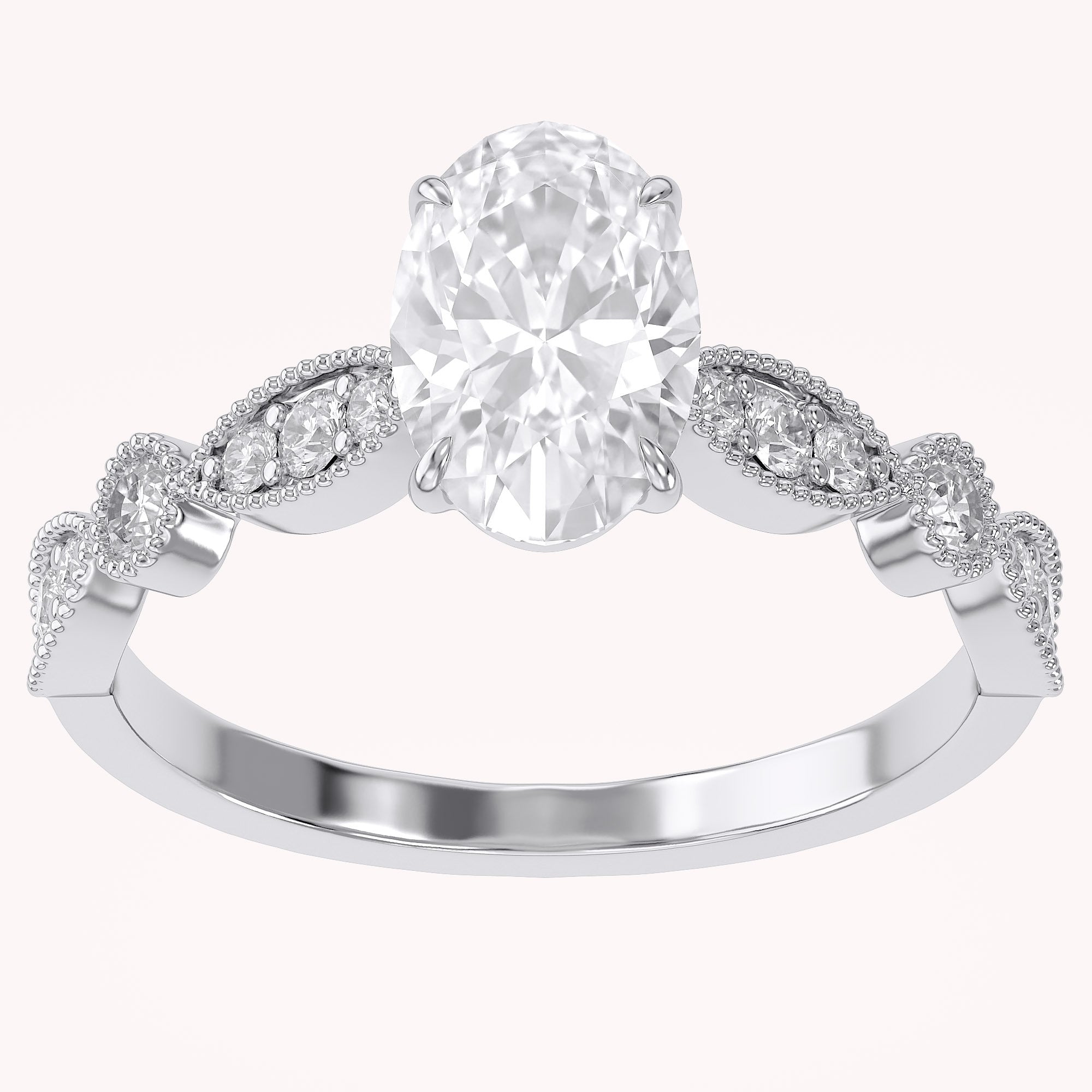 Oval and Round Lab Grown Diamond Solitaire Beaded Engagement Ring