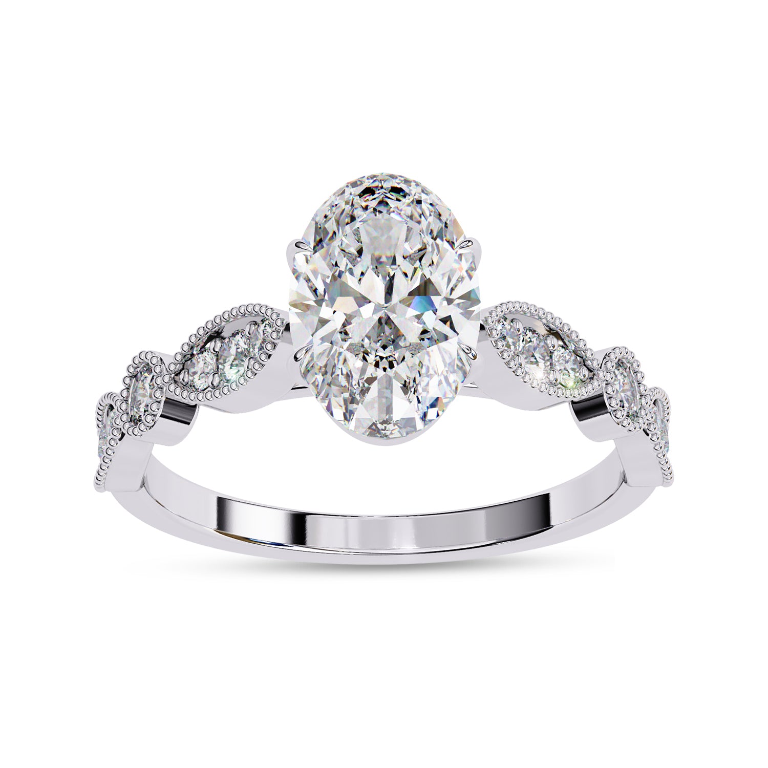 Oval and Round Lab Grown Diamond Solitaire Beaded Engagement Ring