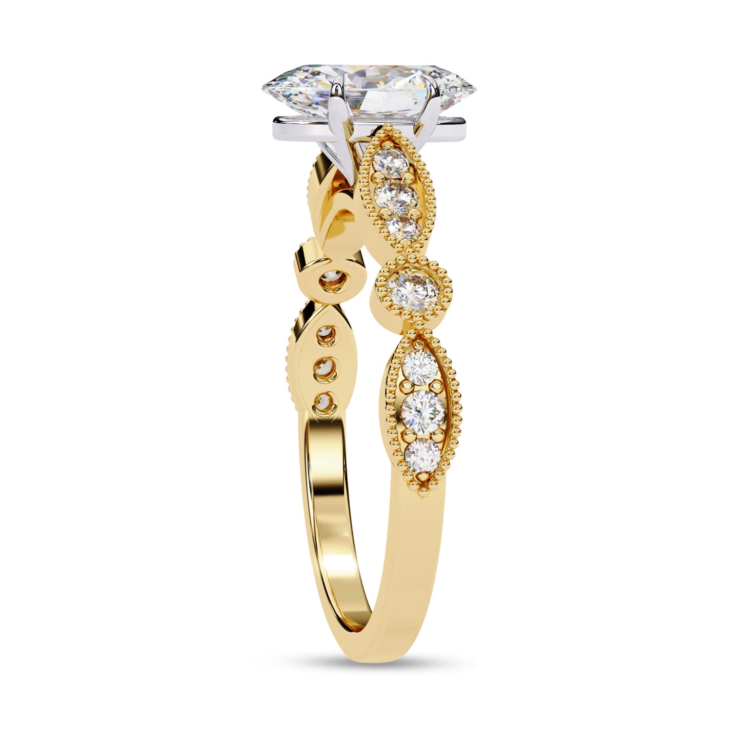 Oval and Round Lab Grown Diamond Solitaire Beaded Engagement Ring