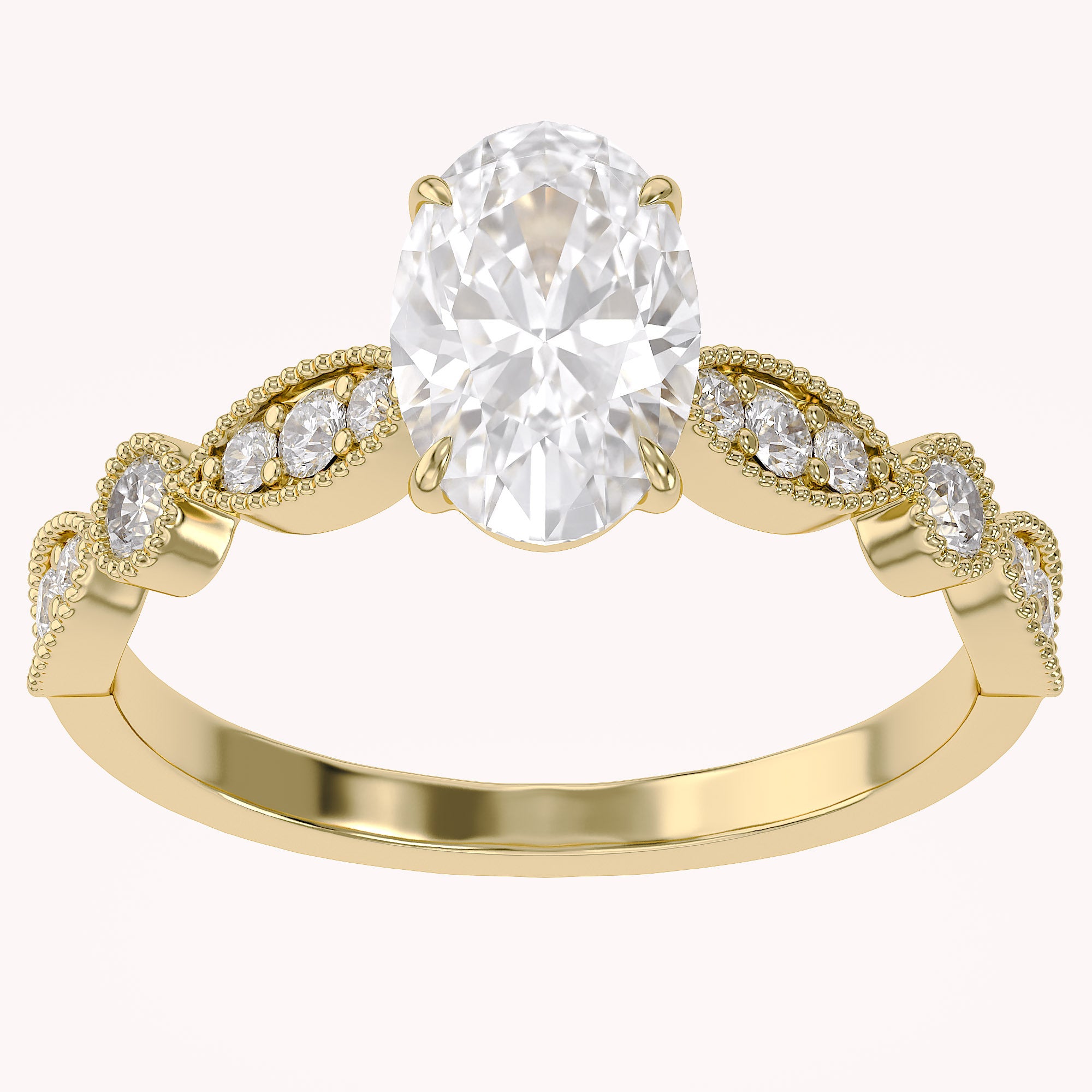 Oval and Round Lab Grown Diamond Solitaire Beaded Engagement Ring
