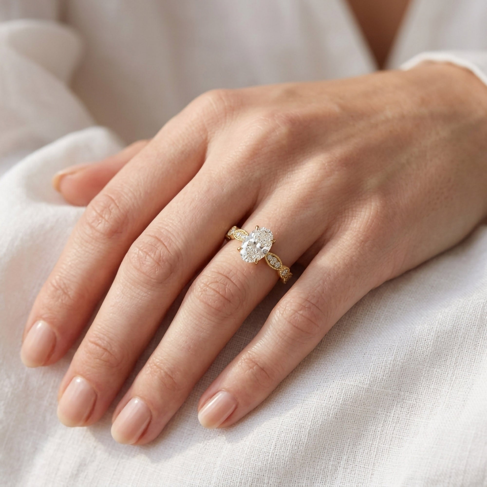 Oval and Round Lab Grown Diamond Solitaire Beaded Engagement Ring