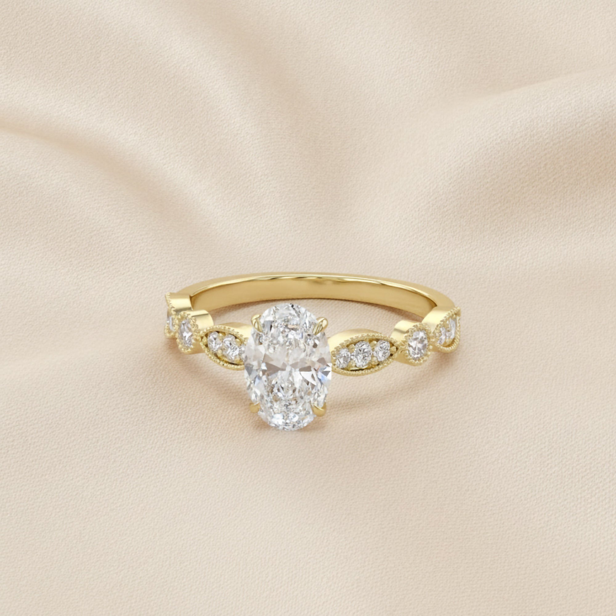 Oval and Round Lab Grown Diamond Solitaire Beaded Engagement Ring
