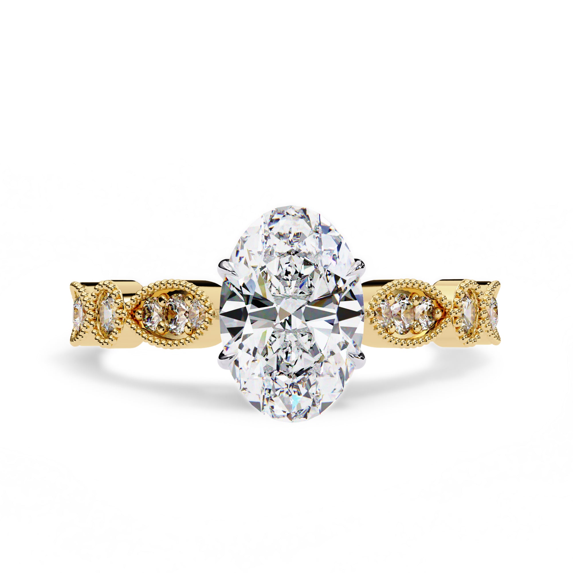 Oval and Round Lab Grown Diamond Solitaire Beaded Engagement Ring