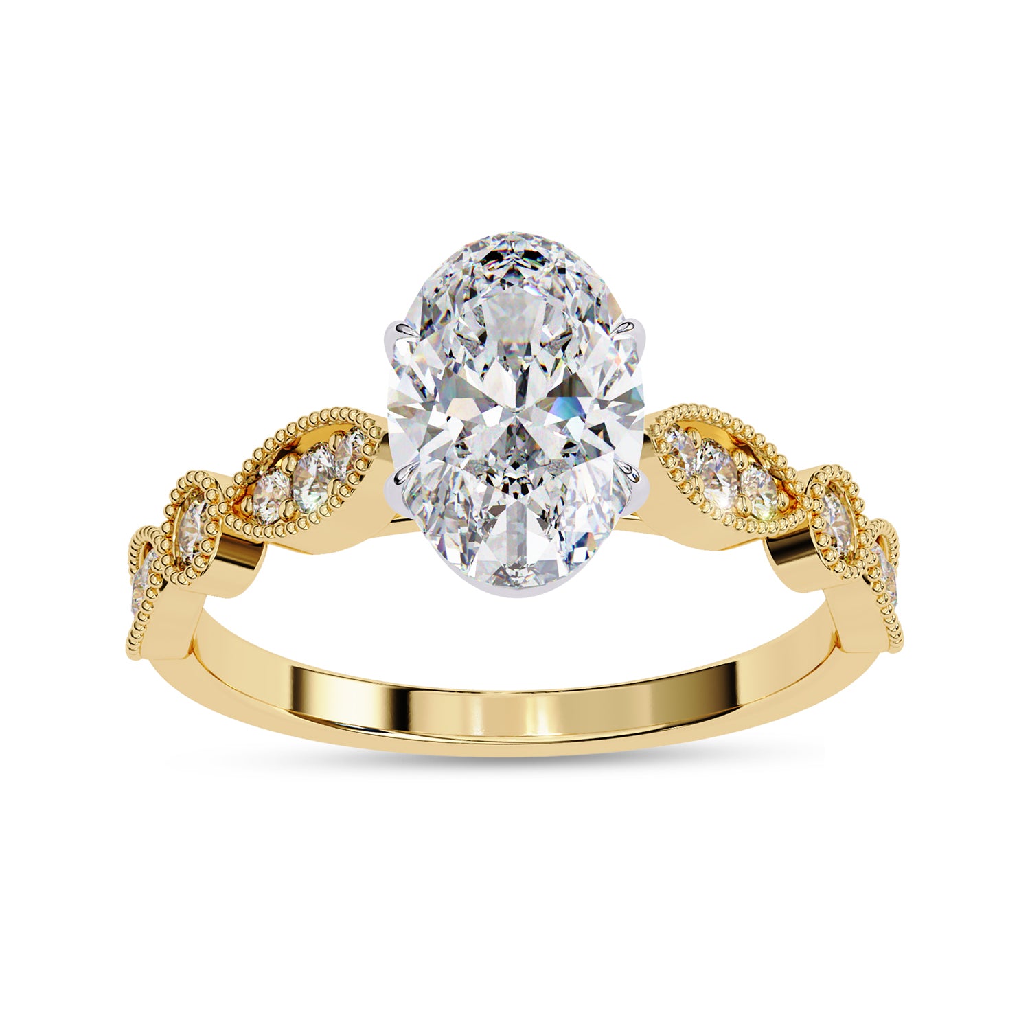 Oval and Round Lab Grown Diamond Solitaire Beaded Engagement Ring