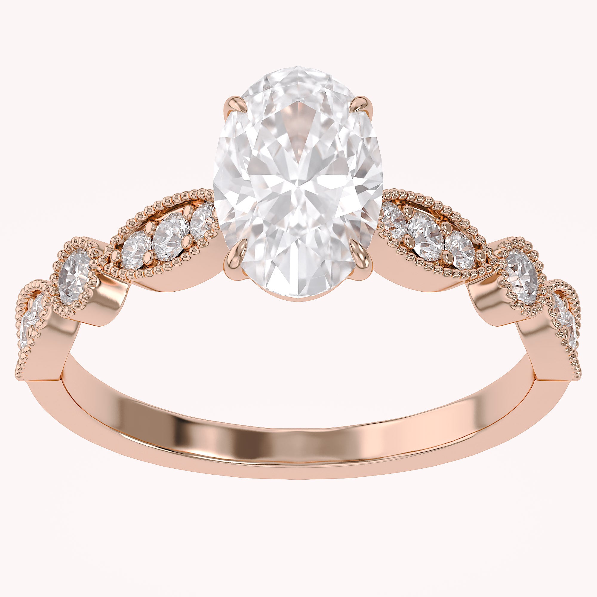 Oval and Round Lab Grown Diamond Solitaire Beaded Engagement Ring