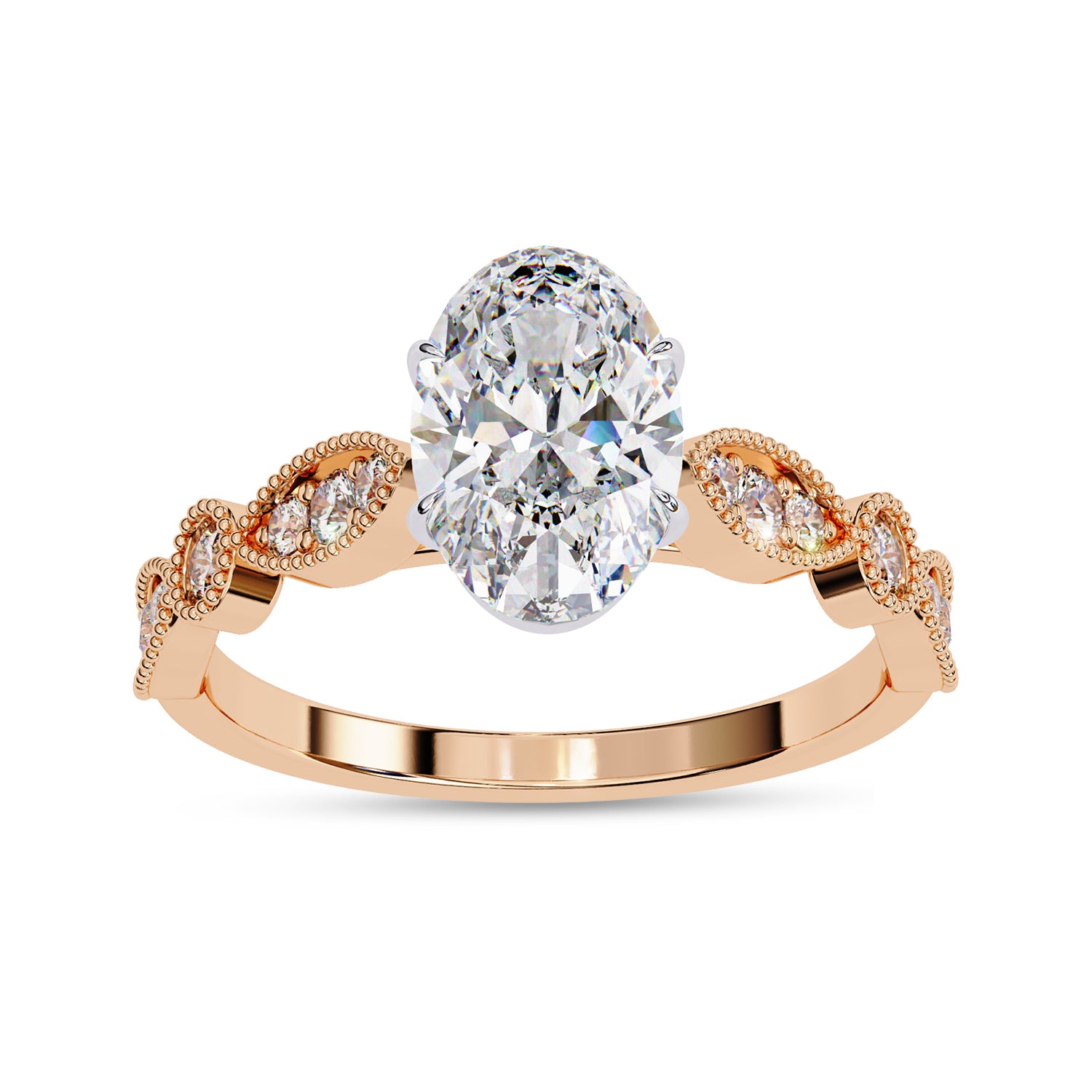 Oval and Round Lab Grown Diamond Solitaire Beaded Engagement Ring
