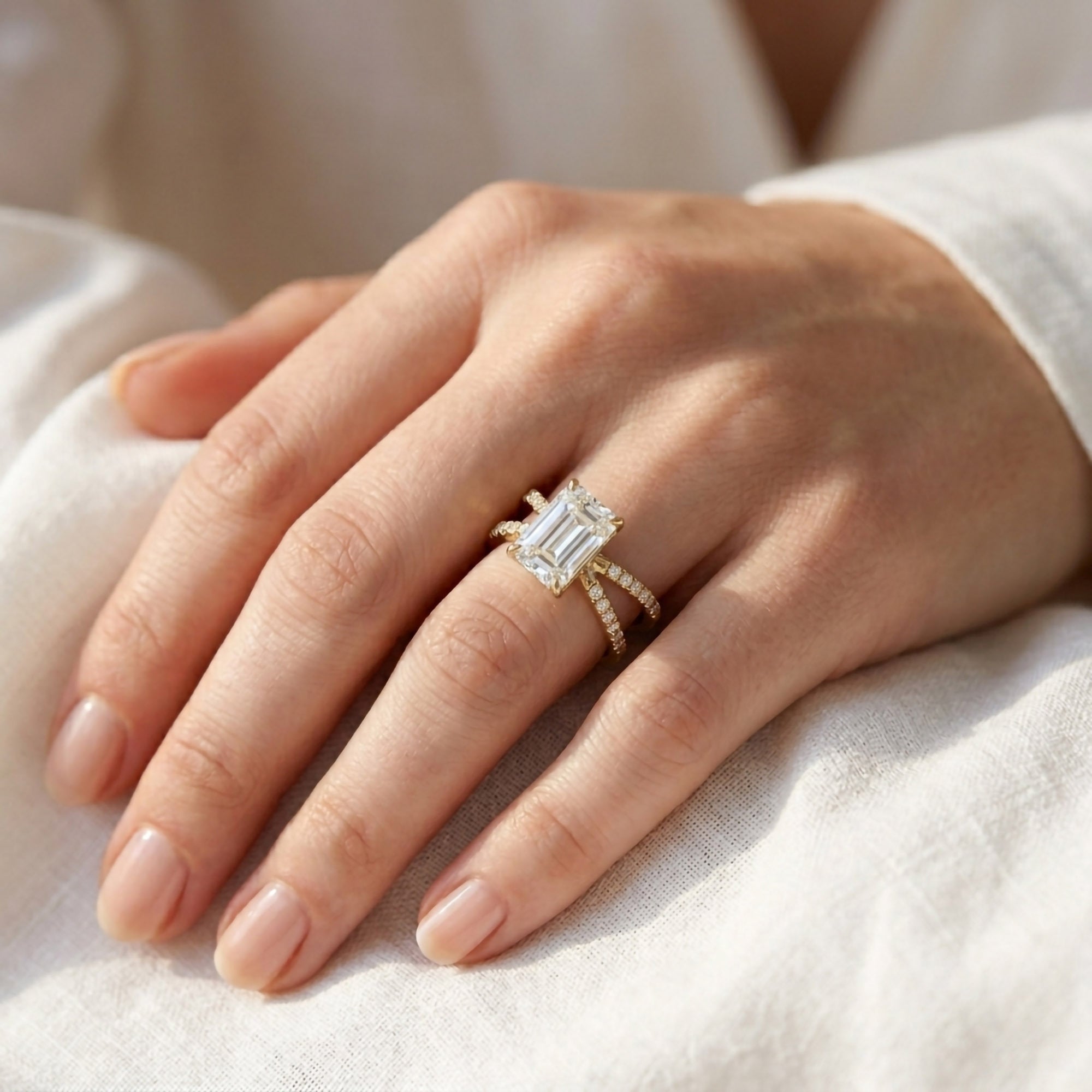 Emerald Solitaire Criss Cross Lab Grown Diamond Engagement Ring