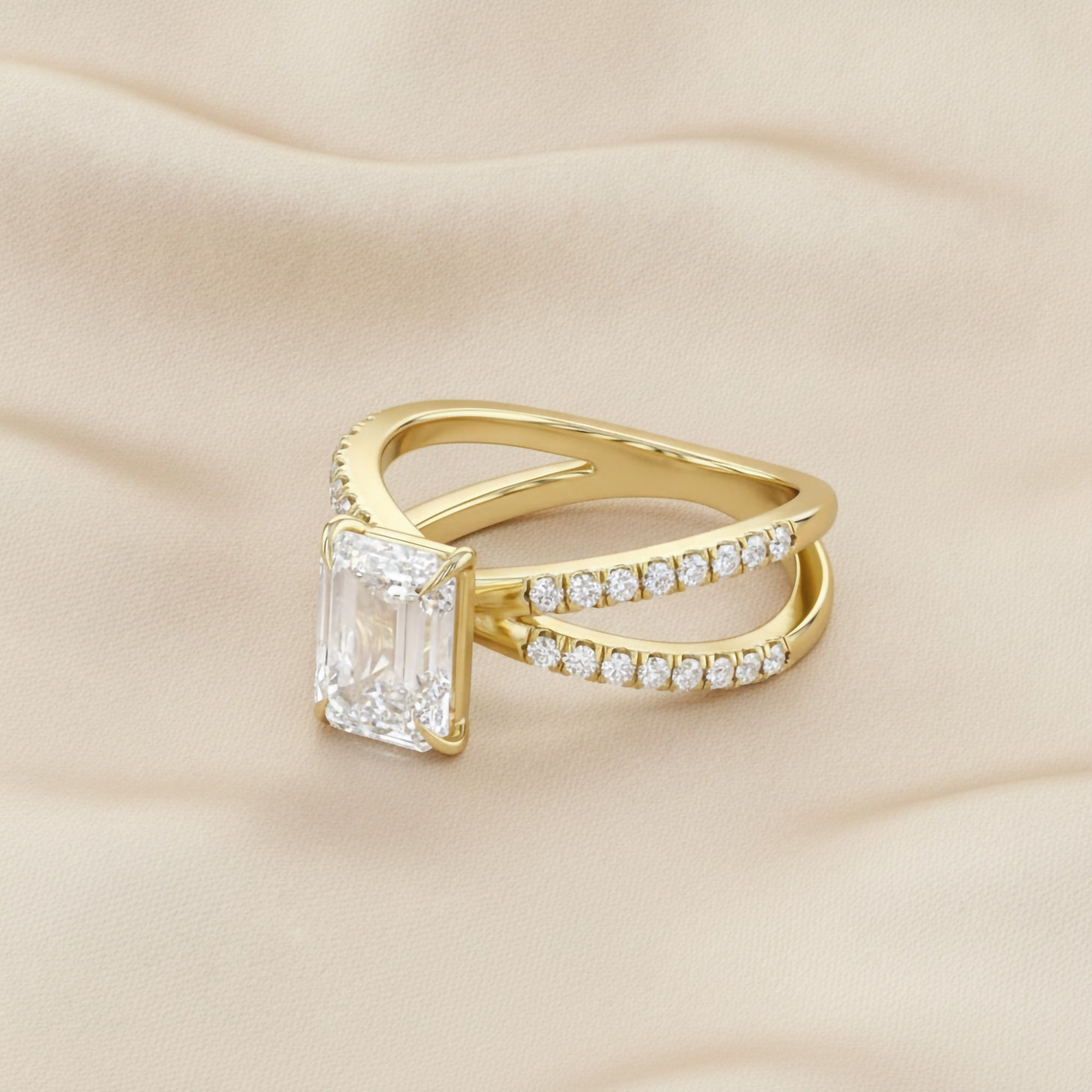 Emerald Solitaire Criss Cross Lab Grown Diamond Engagement Ring