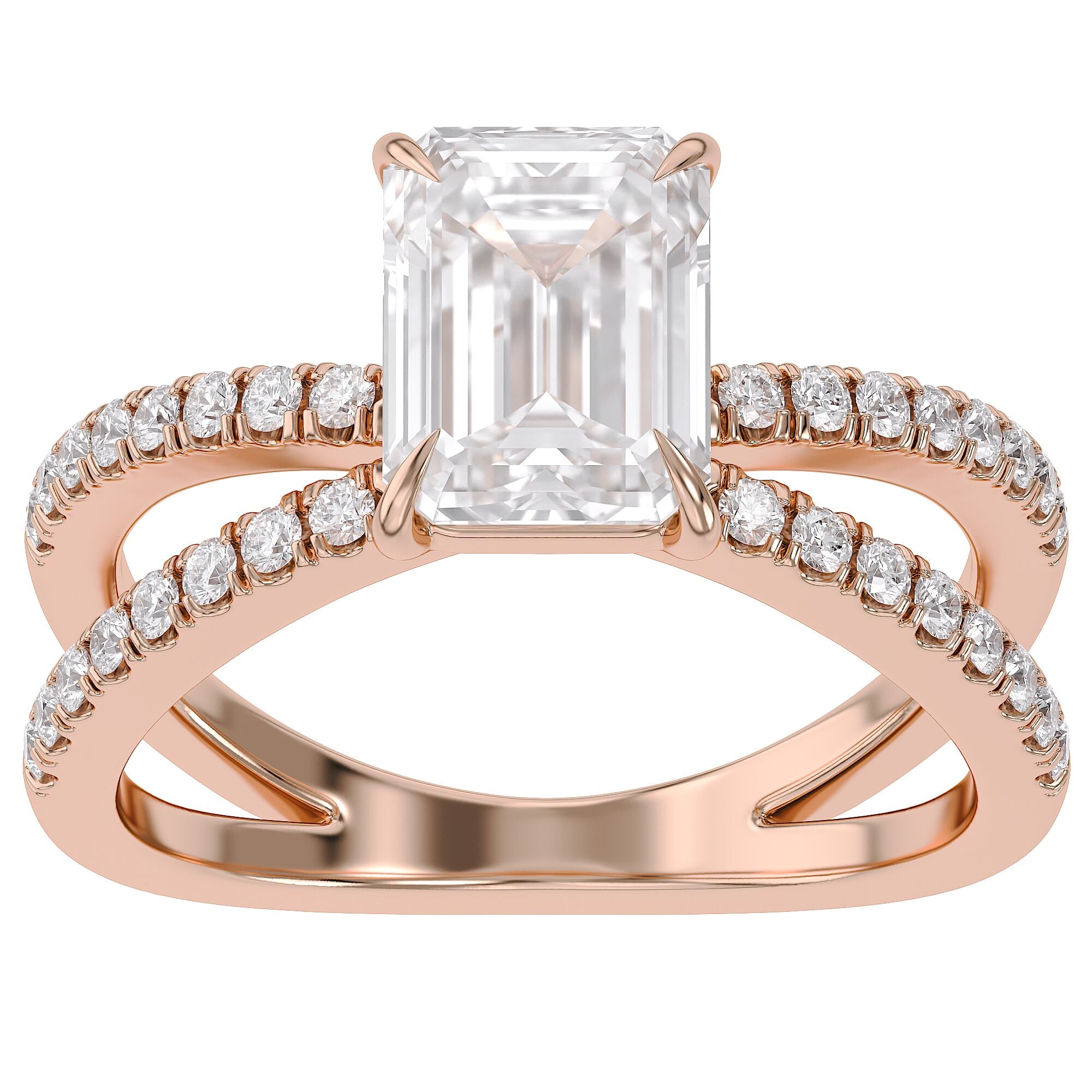 Emerald Solitaire Criss Cross Lab Grown Diamond Engagement Ring