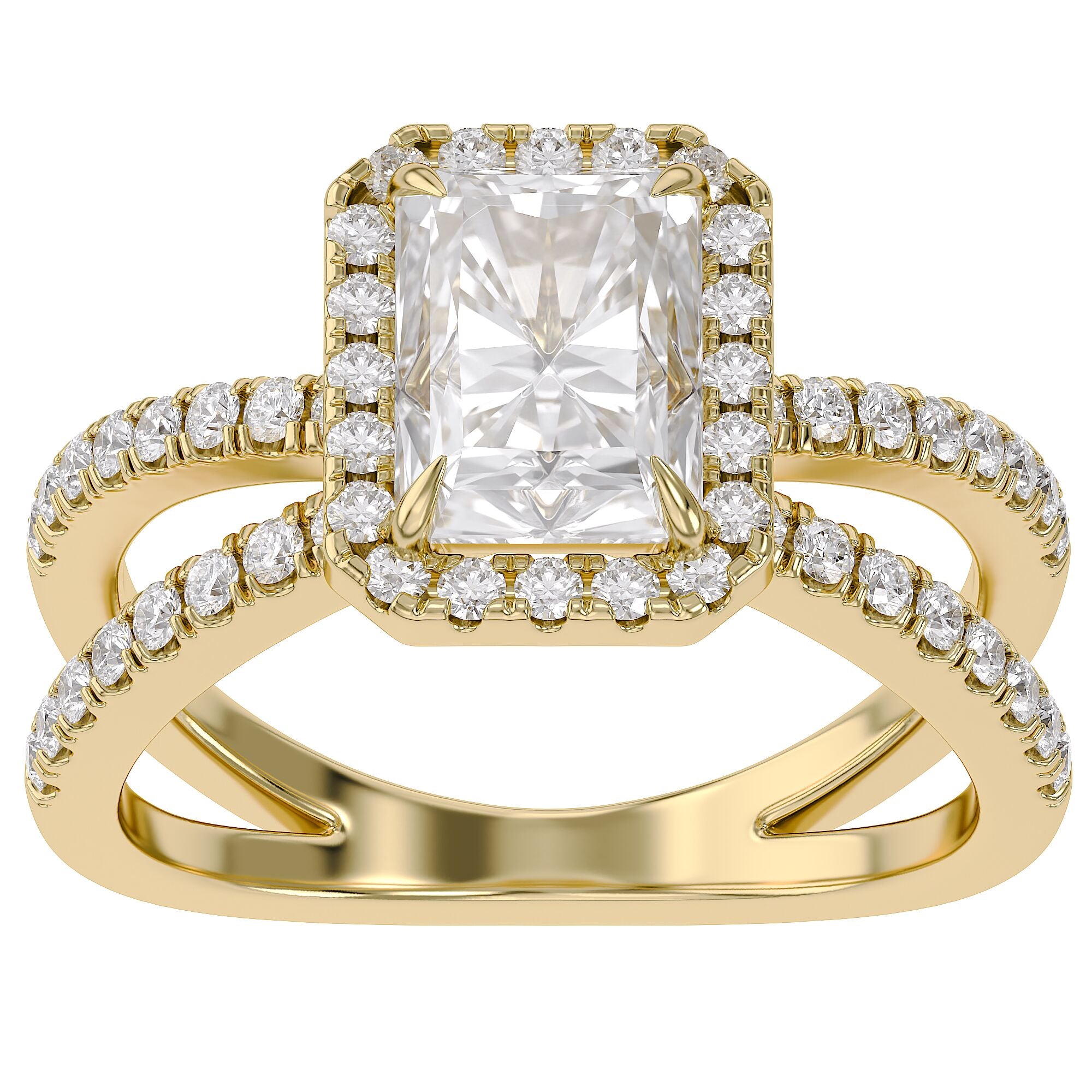 Radiant Halo Solitaire Criss Cross Lab Grown Diamond Engagement Ring