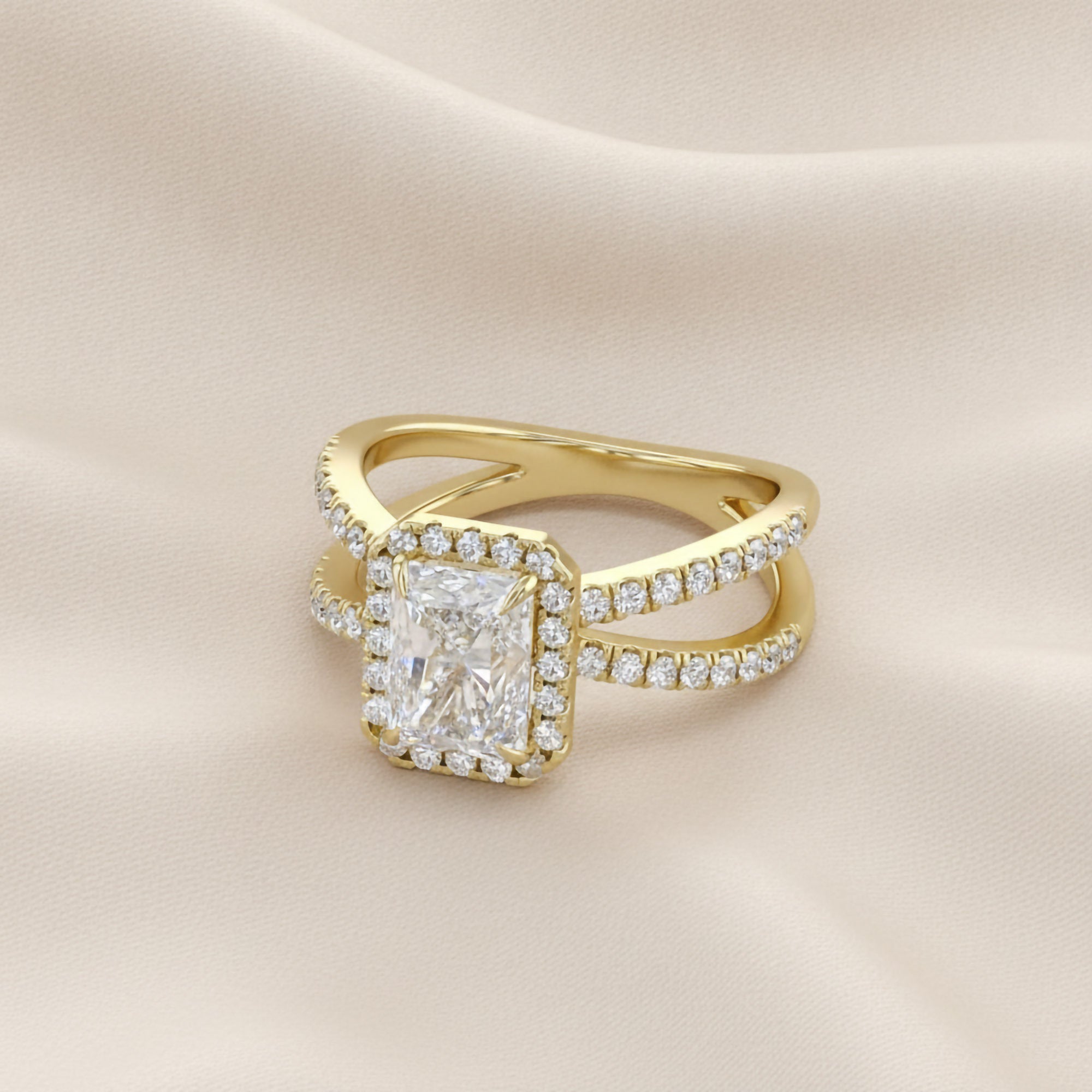 Radiant Halo Solitaire Criss Cross Lab Grown Diamond Engagement Ring