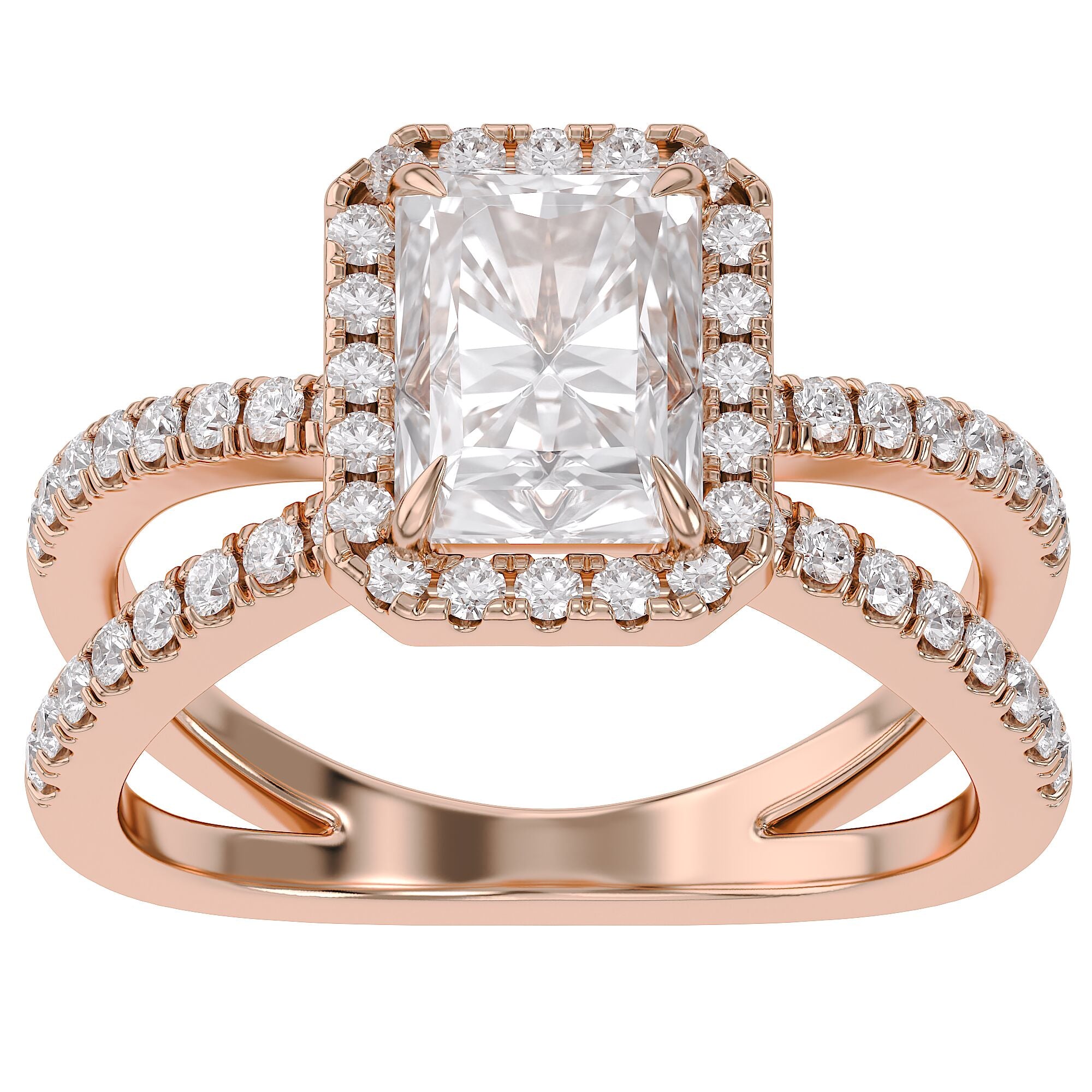 Radiant Halo Solitaire Criss Cross Lab Grown Diamond Engagement Ring