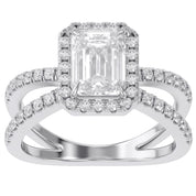 Emerald Halo Solitaire Criss Cross Lab Grown Diamond Engagement Ring