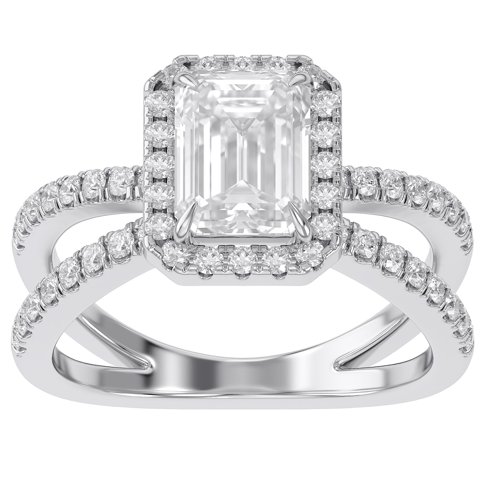 Emerald Halo Solitaire Criss Cross Lab Grown Diamond Engagement Ring