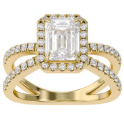 Emerald Halo Solitaire Criss Cross Lab Grown Diamond Engagement Ring