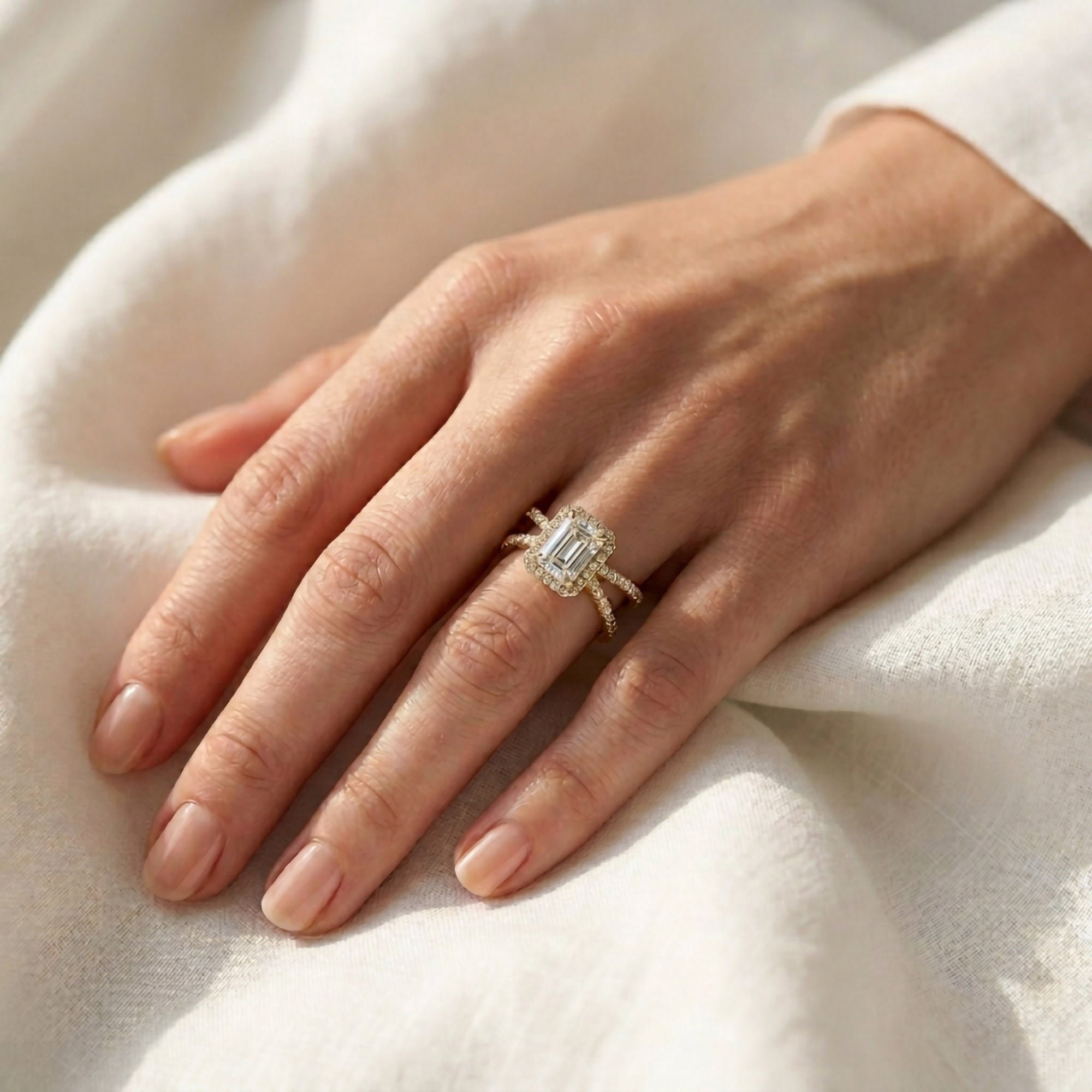 Emerald Halo Solitaire Criss Cross Lab Grown Diamond Engagement Ring