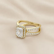 Emerald Halo Solitaire Criss Cross Lab Grown Diamond Engagement Ring