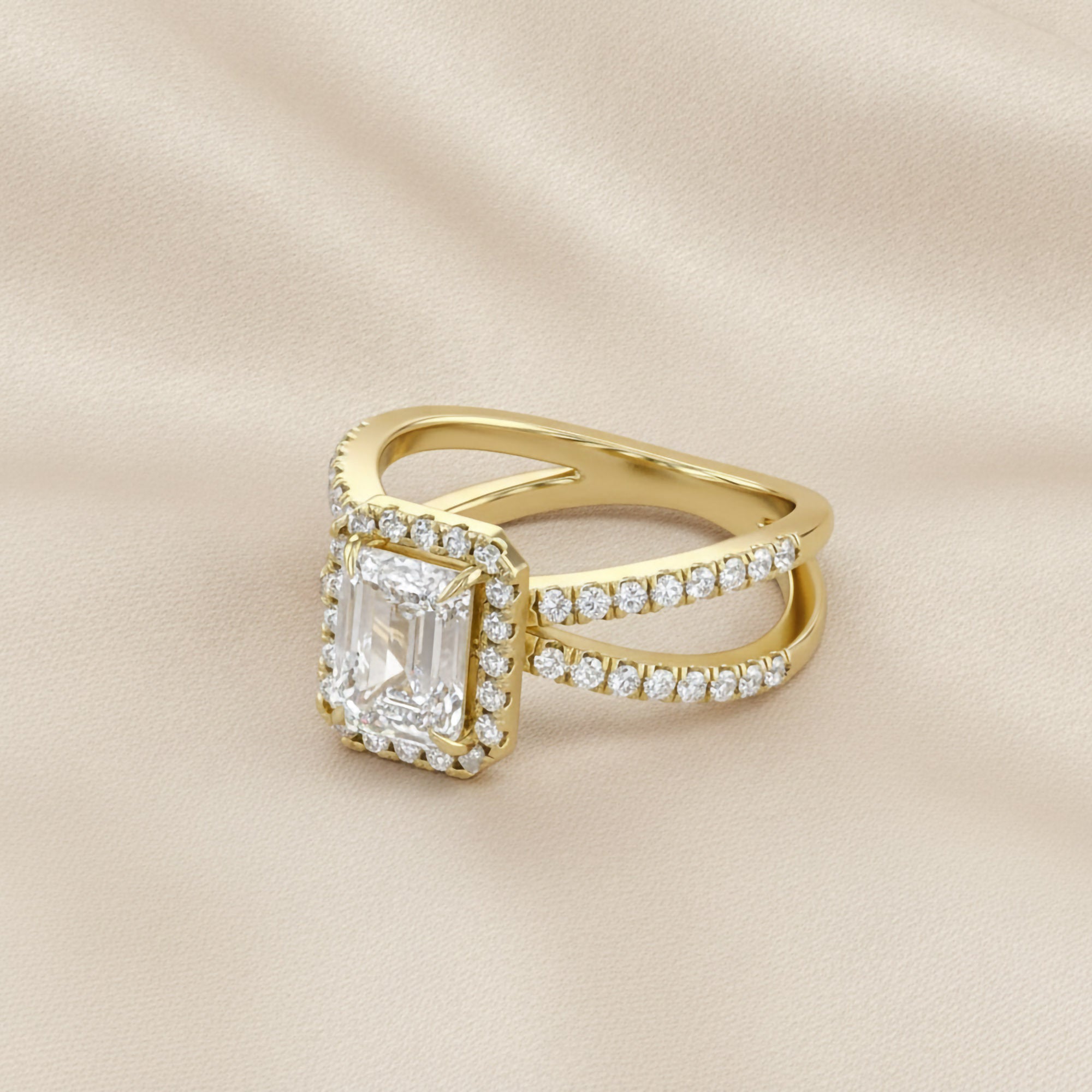Emerald Halo Solitaire Criss Cross Lab Grown Diamond Engagement Ring