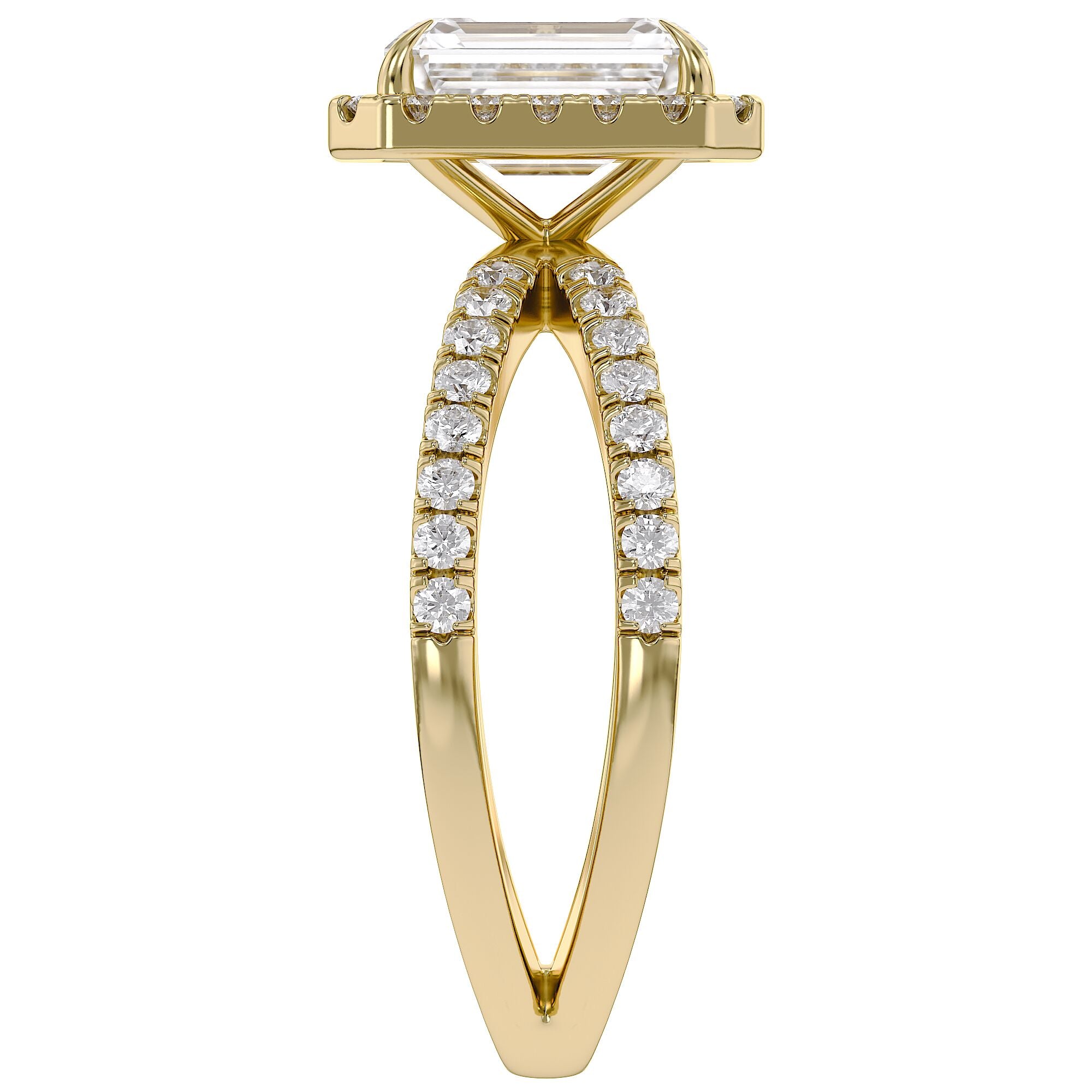 Emerald Halo Solitaire Criss Cross Lab Grown Diamond Engagement Ring
