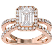 Emerald Halo Solitaire Criss Cross Lab Grown Diamond Engagement Ring