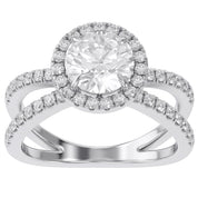 Round Halo Solitaire Criss Cross Lab Grown Diamond Engagement Ring