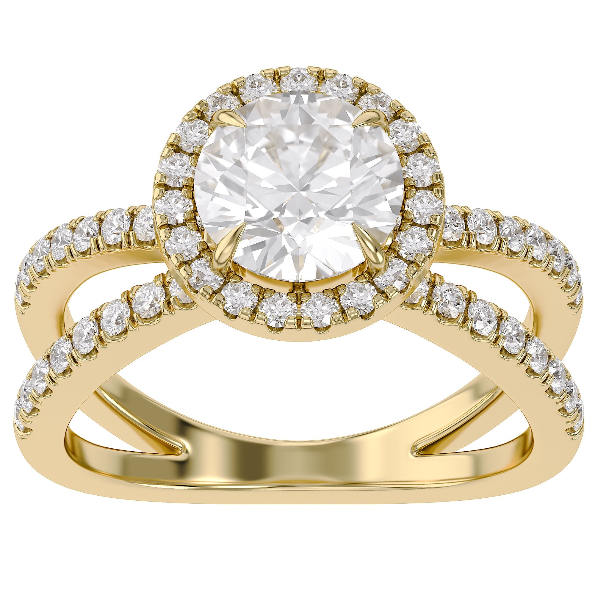 Round Halo Solitaire Criss Cross Lab Grown Diamond Engagement Ring