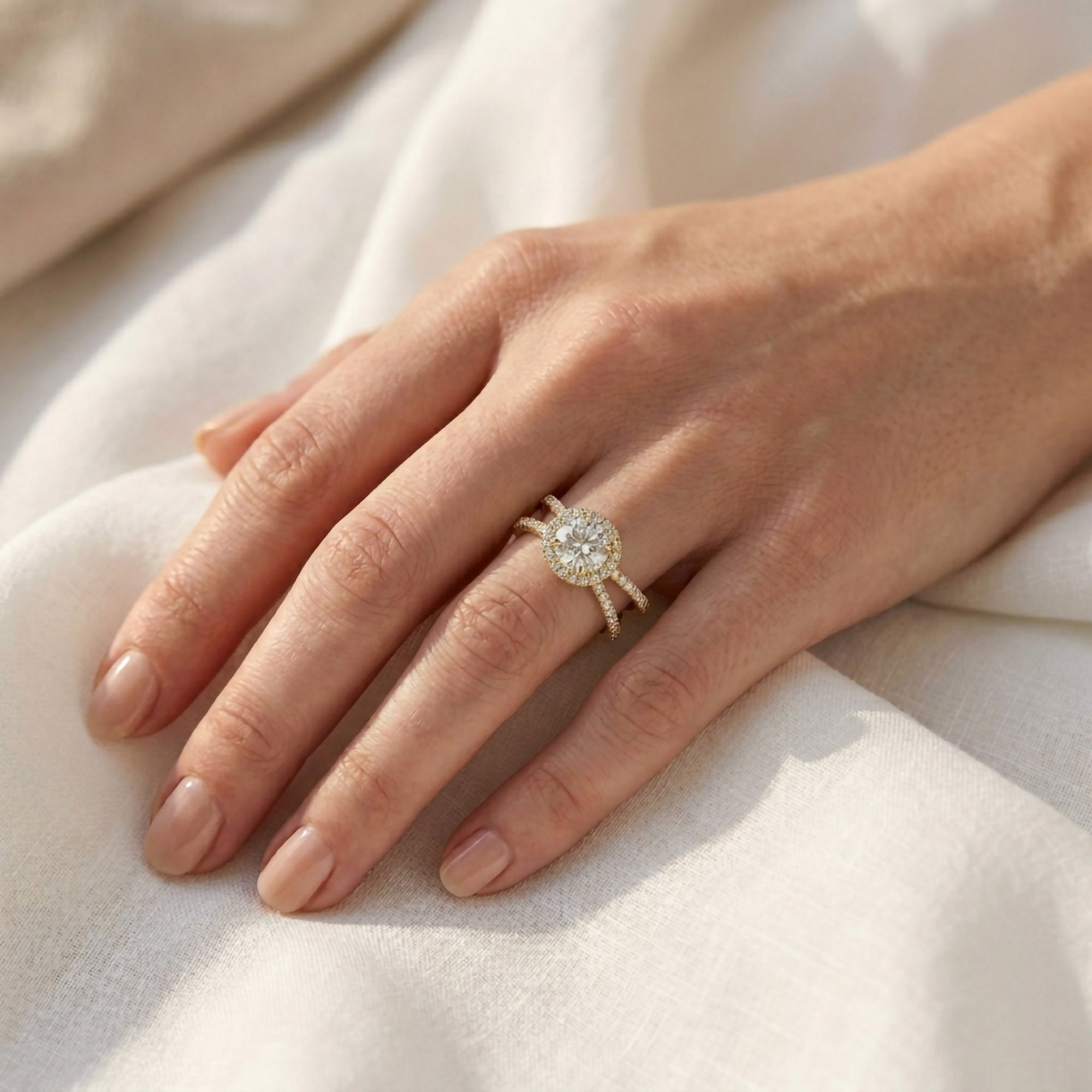 Round Halo Solitaire Criss Cross Lab Grown Diamond Engagement Ring