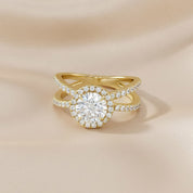 Round Halo Solitaire Criss Cross Lab Grown Diamond Engagement Ring