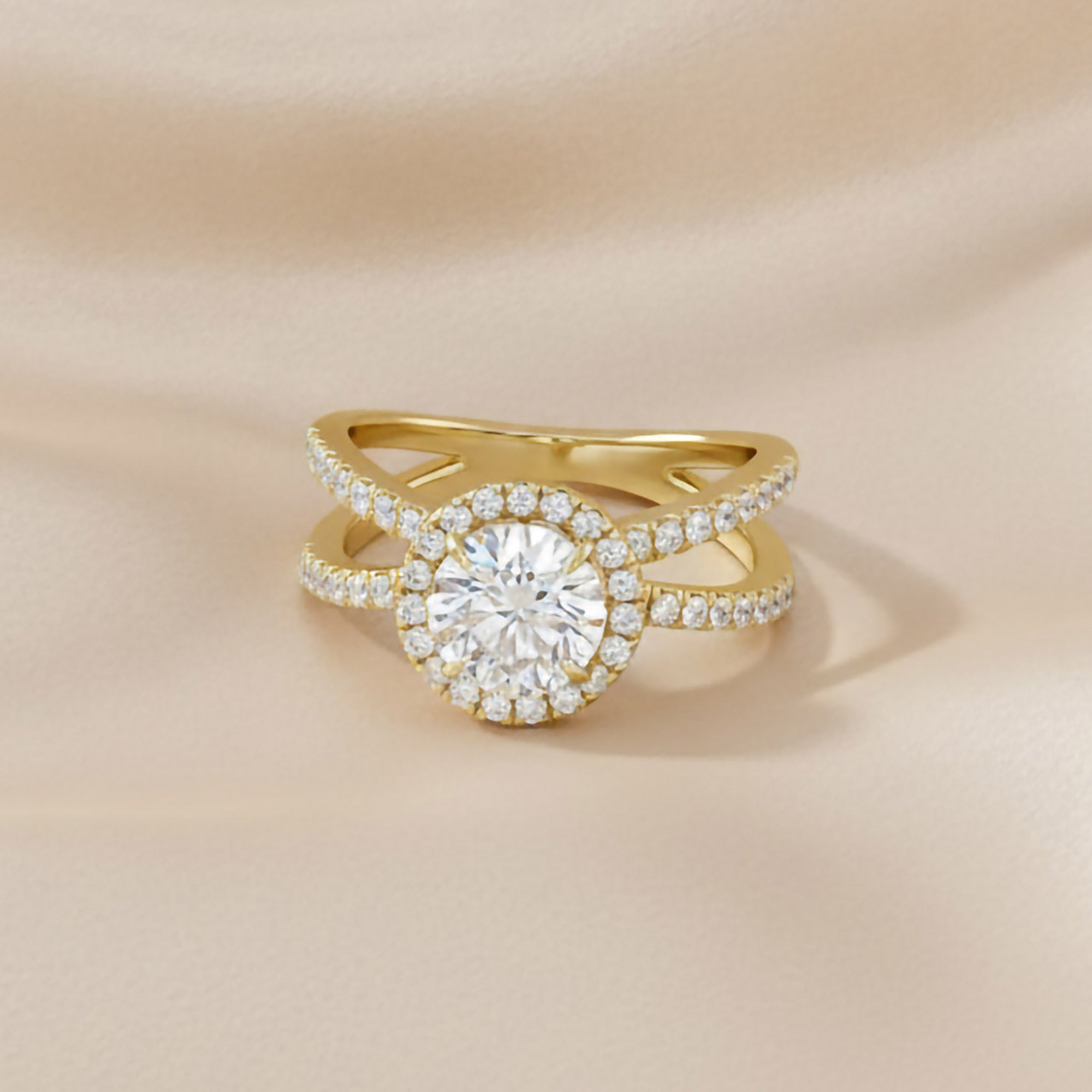 Round Halo Solitaire Criss Cross Lab Grown Diamond Engagement Ring