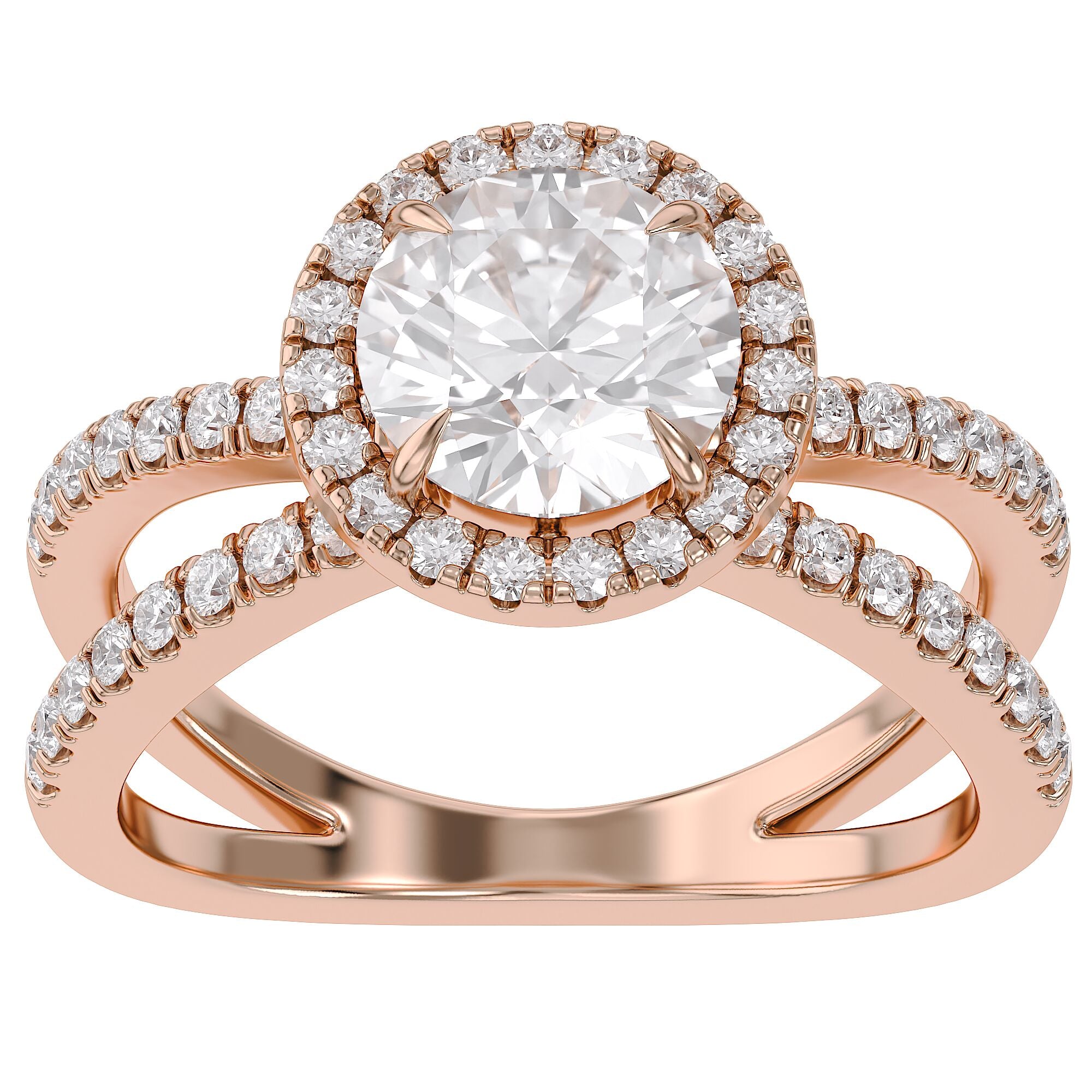 Round Halo Solitaire Criss Cross Lab Grown Diamond Engagement Ring