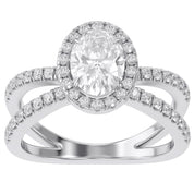 Oval Halo Solitaire Criss Cross Lab Grown Diamond Engagement Ring