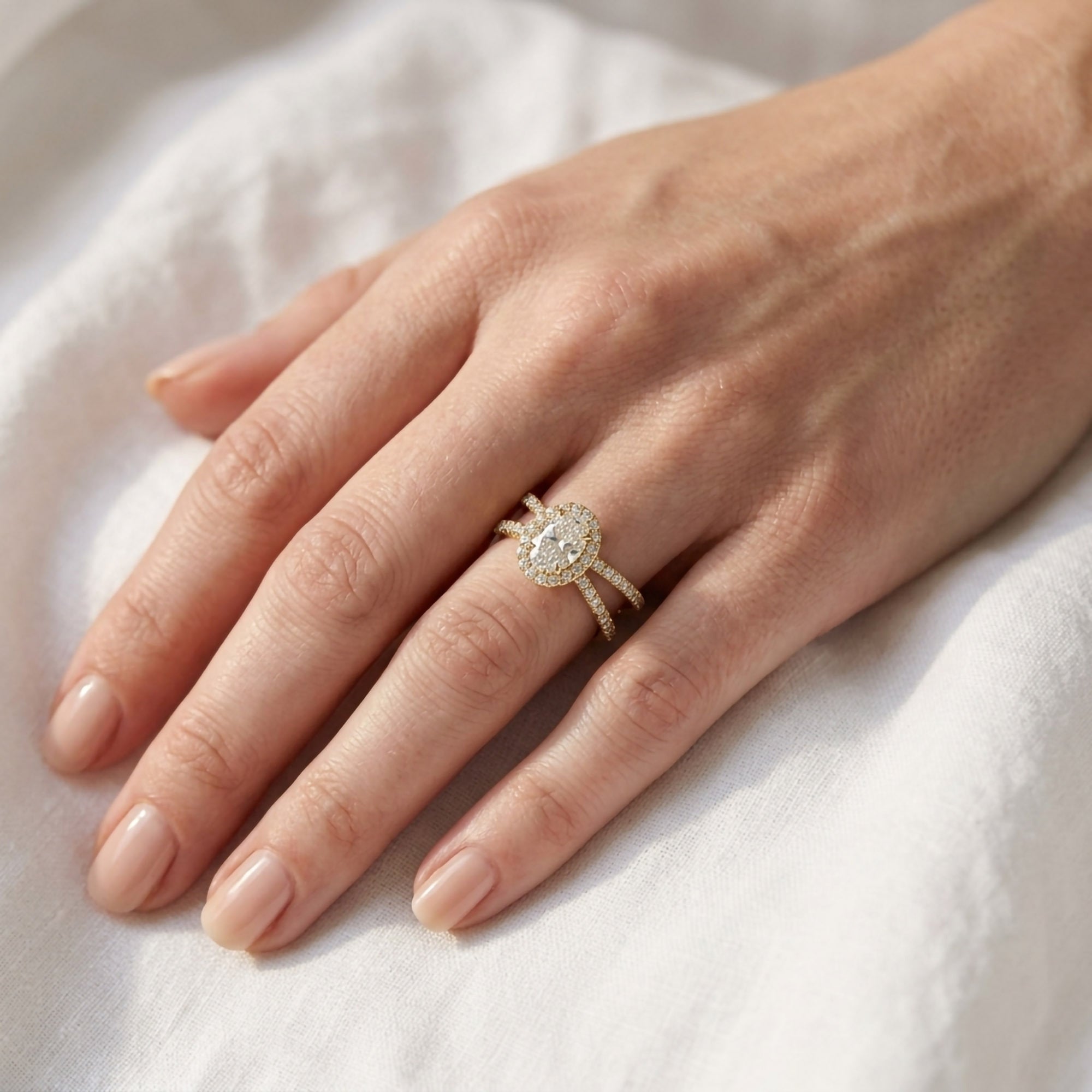 Oval Halo Solitaire Criss Cross Lab Grown Diamond Engagement Ring