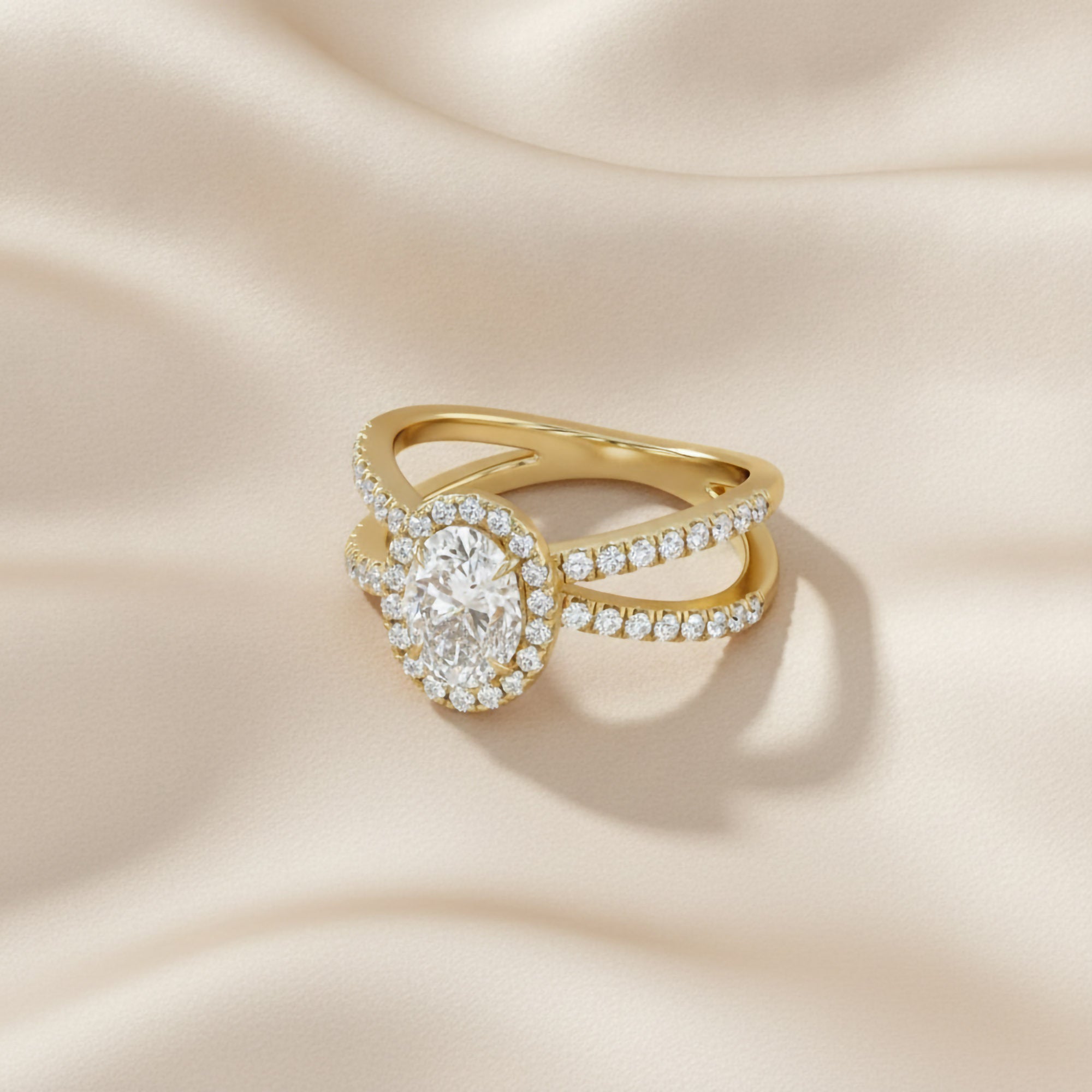 Oval Halo Solitaire Criss Cross Lab Grown Diamond Engagement Ring