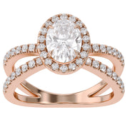 Oval Halo Solitaire Criss Cross Lab Grown Diamond Engagement Ring