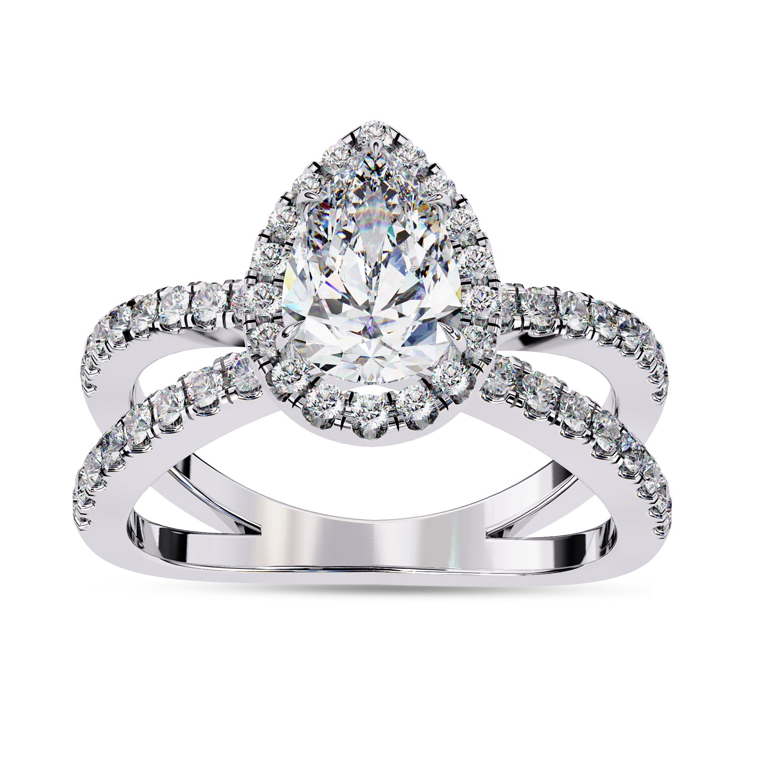 Pear Halo Solitaire Criss Cross Lab Grown Diamond Engagement Ring