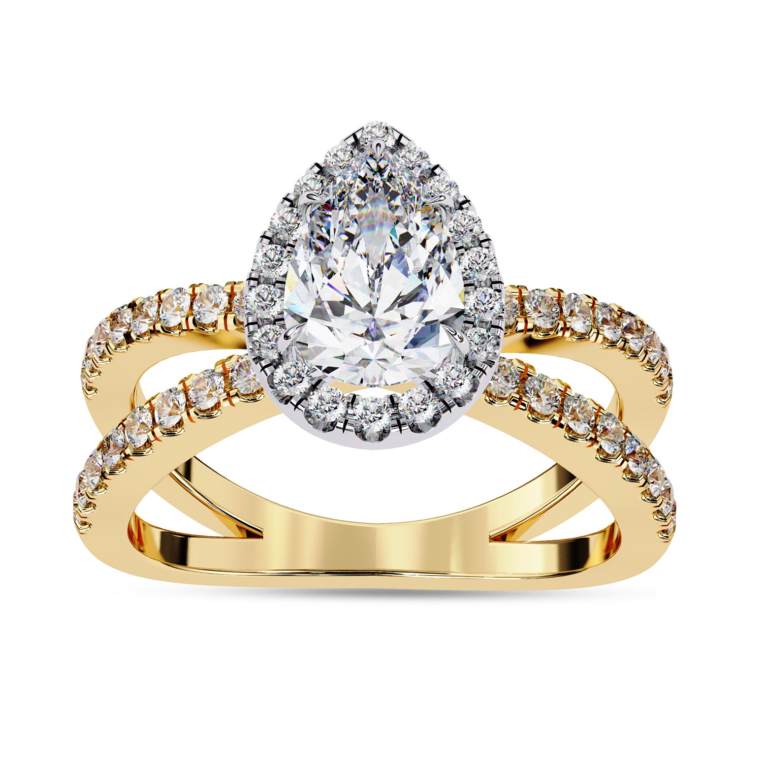 Pear Halo Solitaire Criss Cross Lab Grown Diamond Engagement Ring