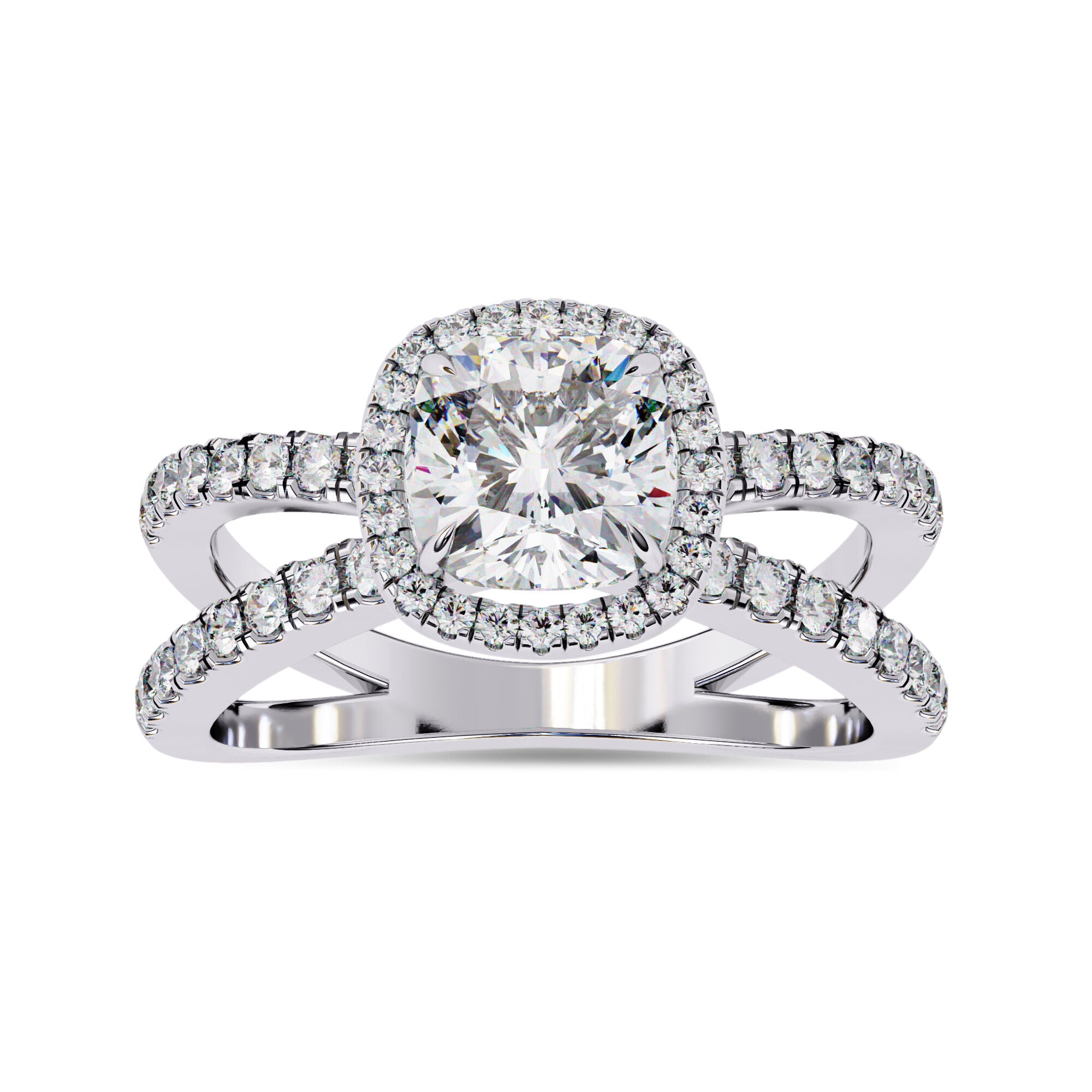 Cushion Halo Solitaire Criss Cross Lab Grown Diamond Engagement Ring