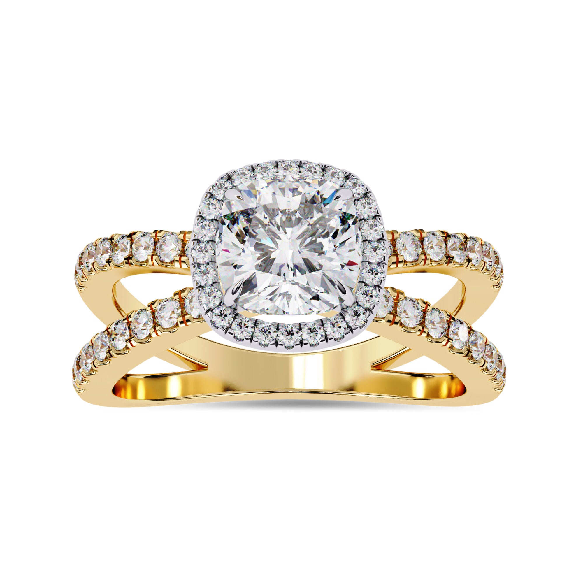Cushion Halo Solitaire Criss Cross Lab Grown Diamond Engagement Ring