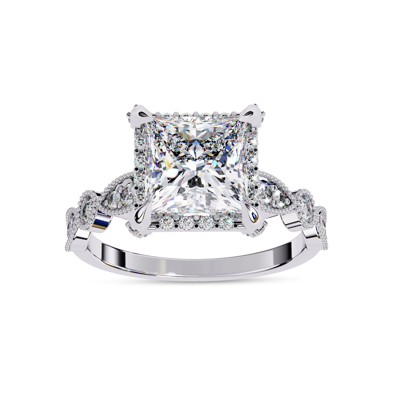 Princess Hidden Halo Solitare Lab Grown Diamond Beaded Engagement Ring