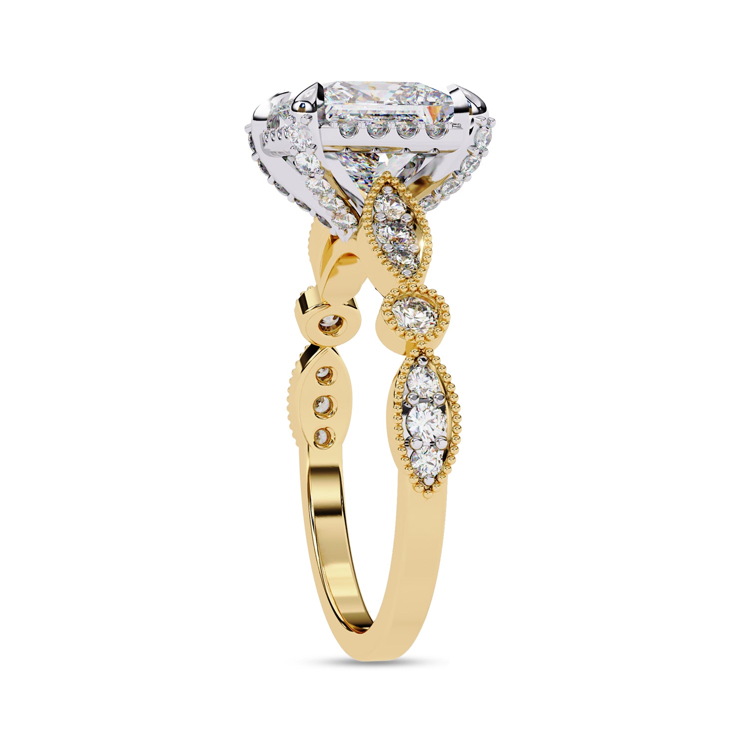 Princess Hidden Halo Solitare Lab Grown Diamond Beaded Engagement Ring