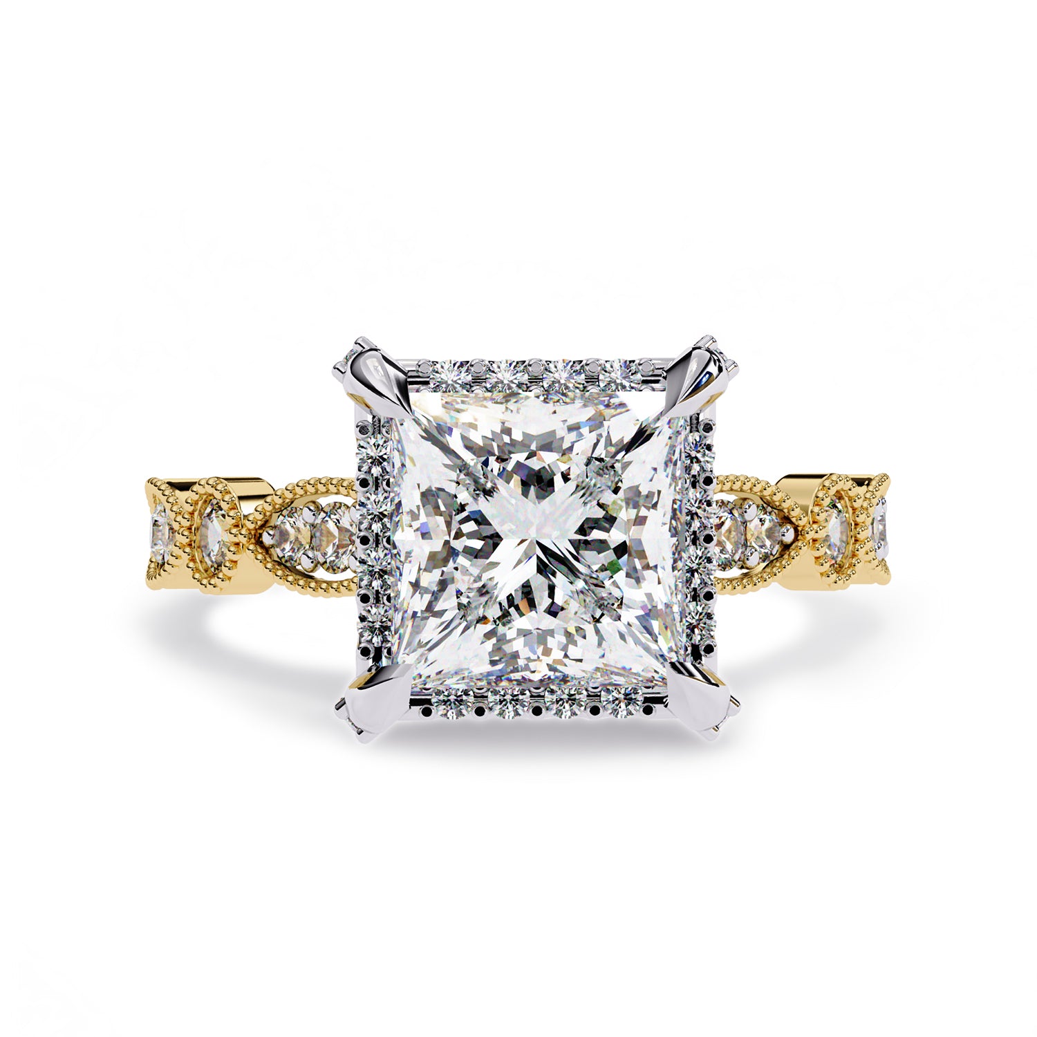 Princess Hidden Halo Solitare Lab Grown Diamond Beaded Engagement Ring