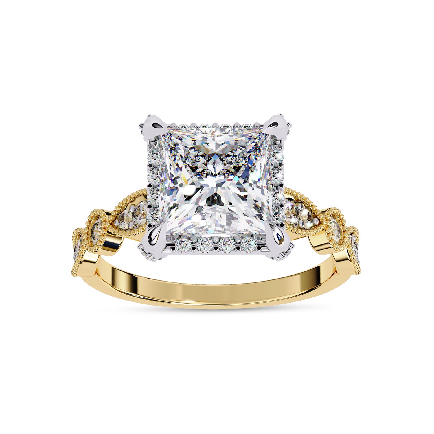 Princess Hidden Halo Solitare Lab Grown Diamond Beaded Engagement Ring