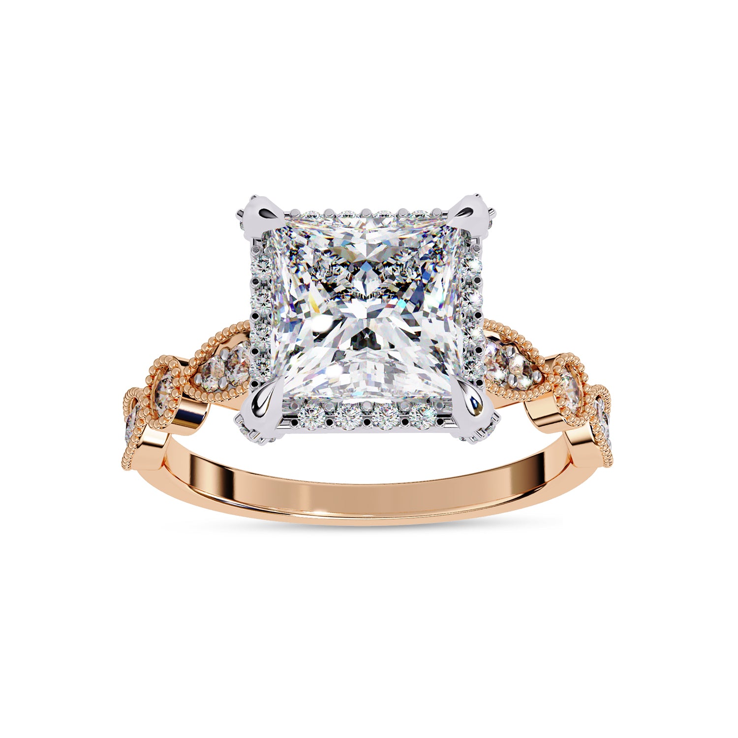 Princess Hidden Halo Solitare Lab Grown Diamond Beaded Engagement Ring