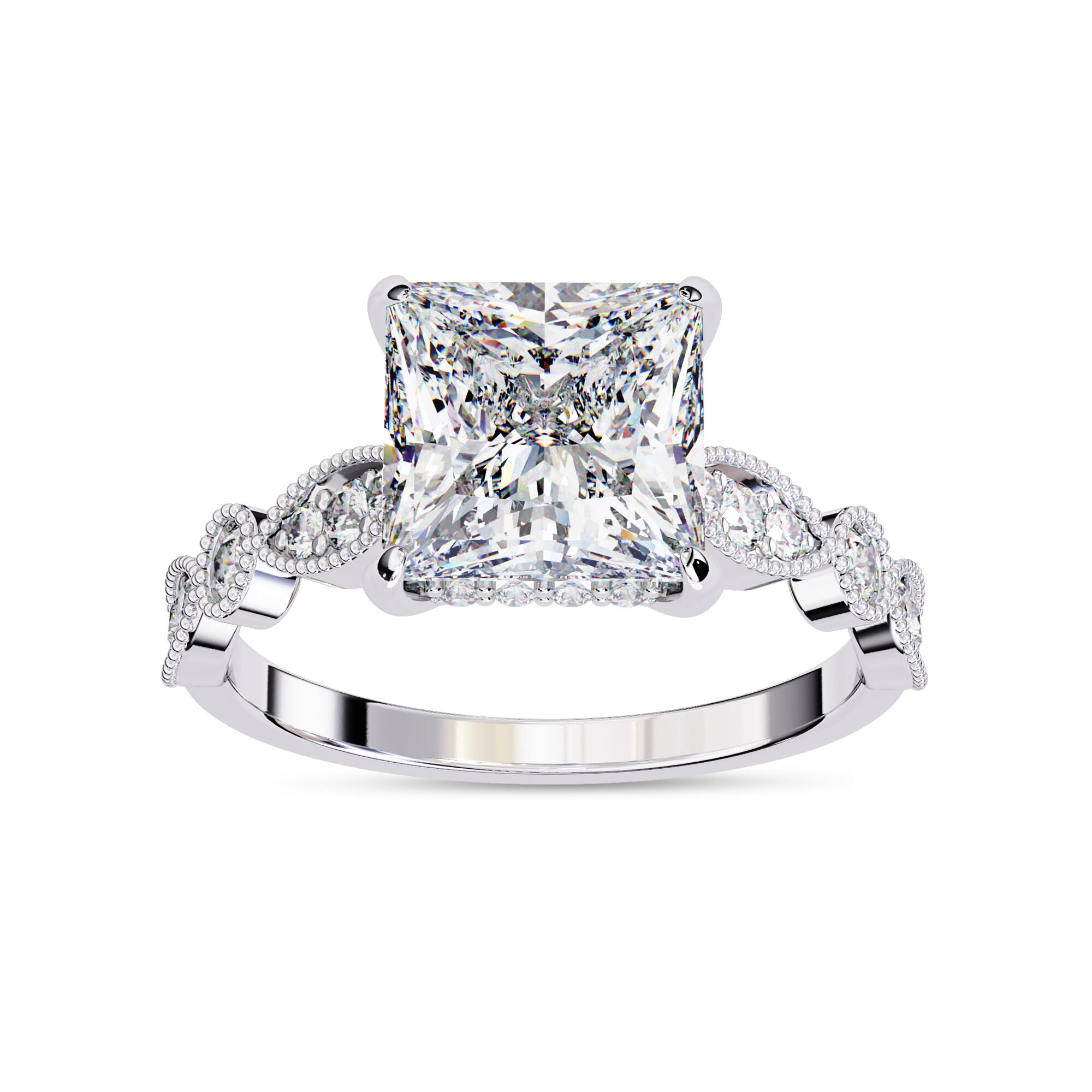Lab Grown Diamond Hidden Halo Solitare Beaded Engagement Ring