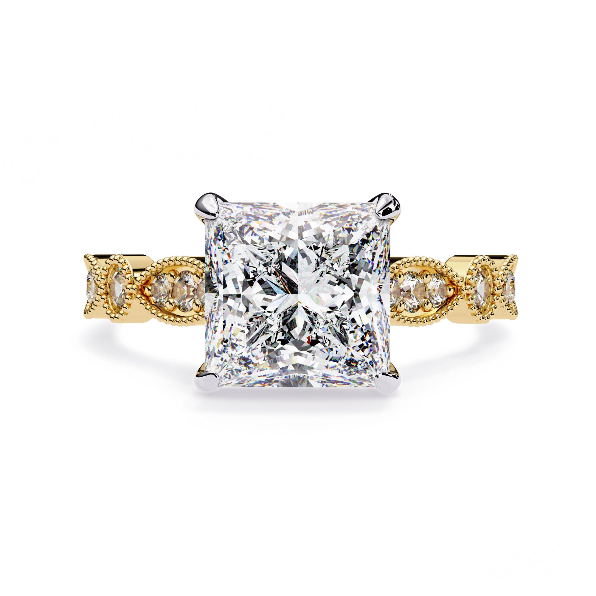 Lab Grown Diamond Hidden Halo Solitare Beaded Engagement Ring