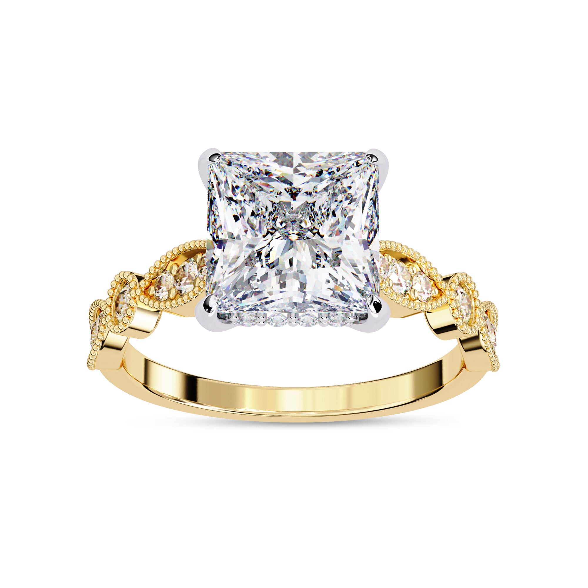 Lab Grown Diamond Hidden Halo Solitare Beaded Engagement Ring