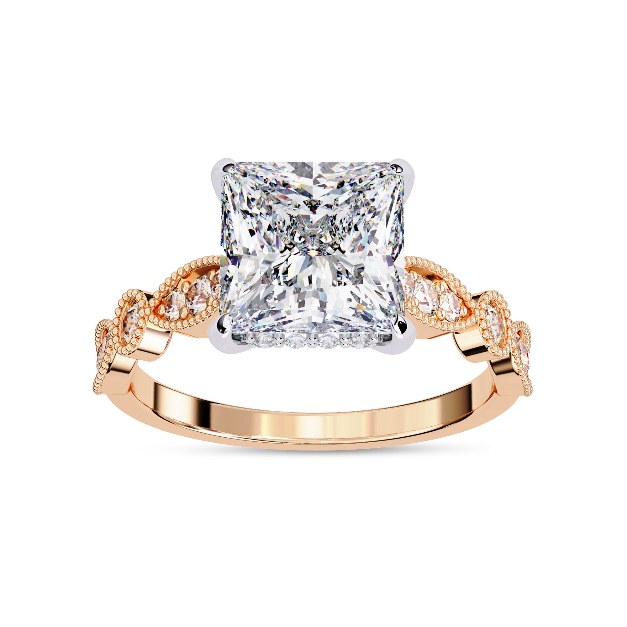 Lab Grown Diamond Hidden Halo Solitare Beaded Engagement Ring