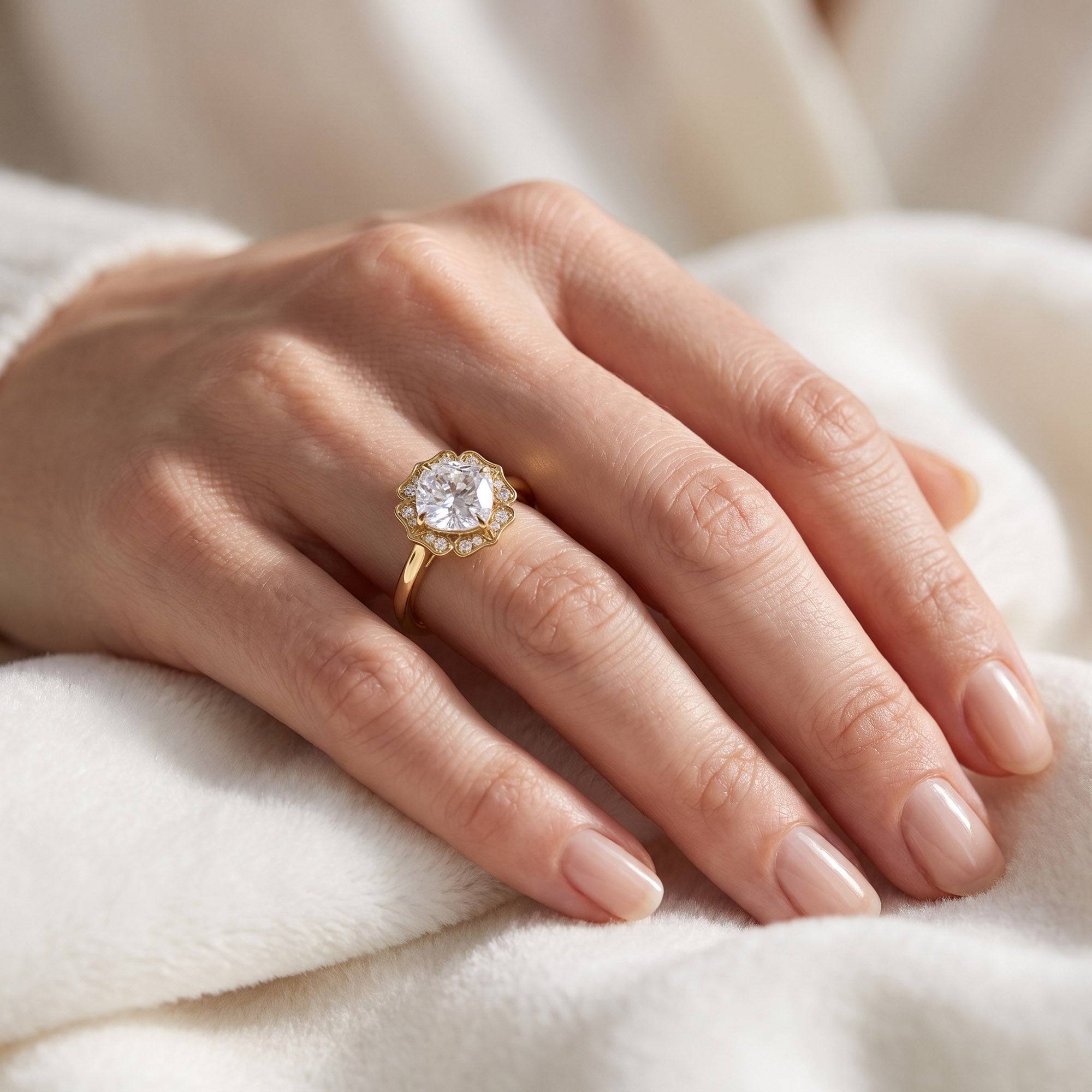Floral Halo Solitaire Lab Grown Diamond Engagement Ring