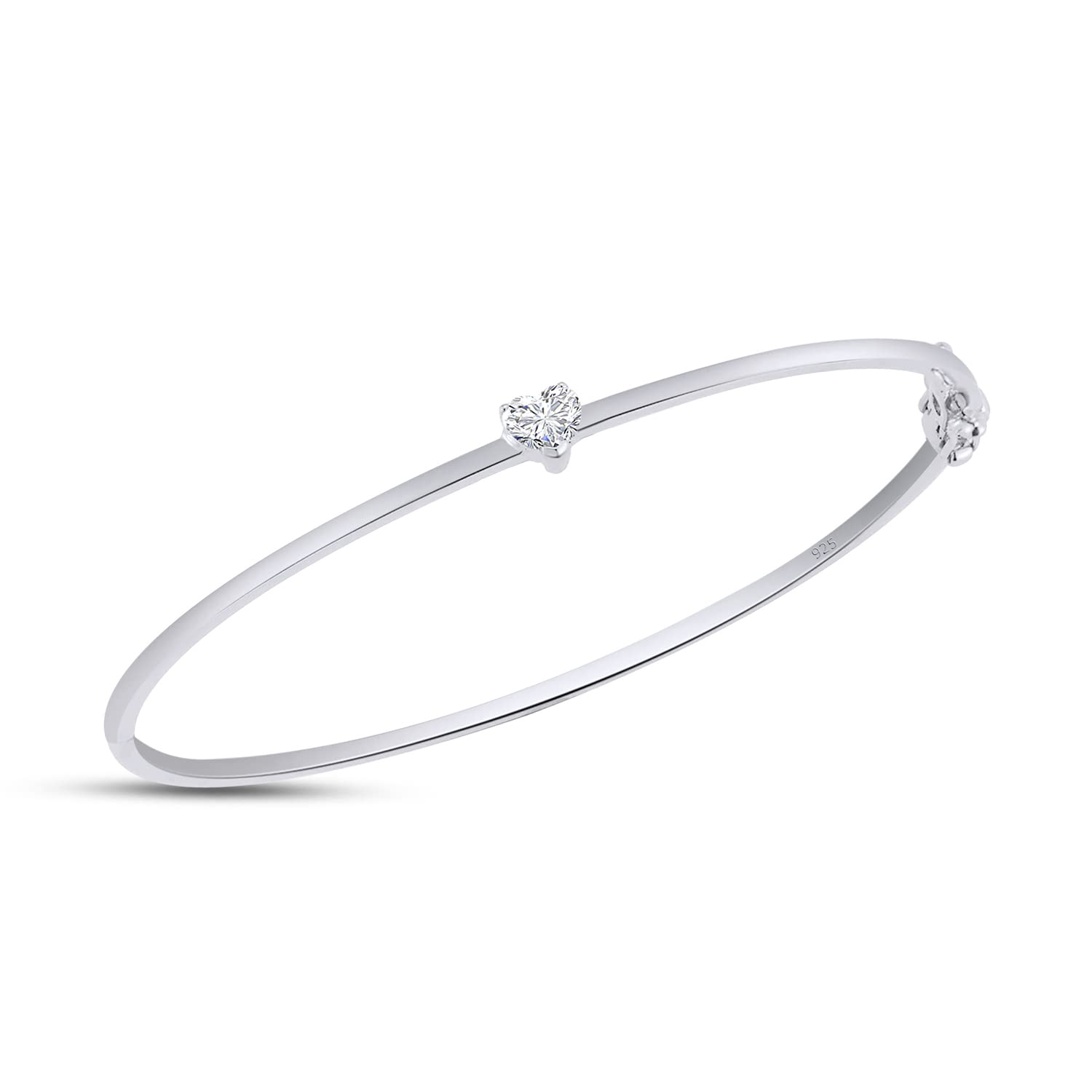 Heart Shape White Cubic Zirconia Solitaire Bangle Bracelet For Women In 925 Sterling Silver