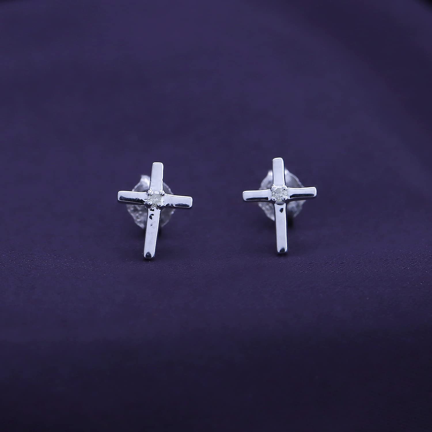 Natural White Diamond Cross Stud Earrings For Women's In 14K Gold Over Sterling Silver (0.02 Cttw, I2-I3 Clarity)